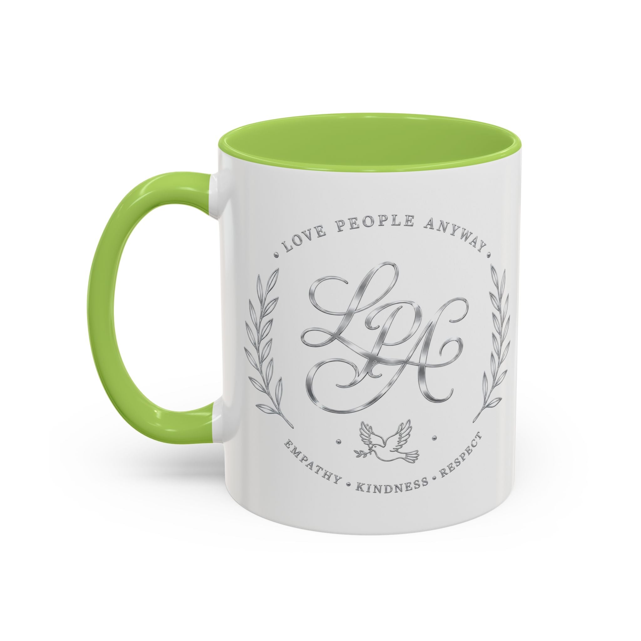 Love People Anyway Silver Accent Coffee Mug | Inspirational Monogram Mug | Faith Freedom Creations