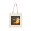 Cotton canvas tote bag featuring Isaiah 60:22, “At the right time, I, Jehovah, will make it happen,” with celestial clock artwork, stars, sunrise, mountains, and golden heavenly imagery.