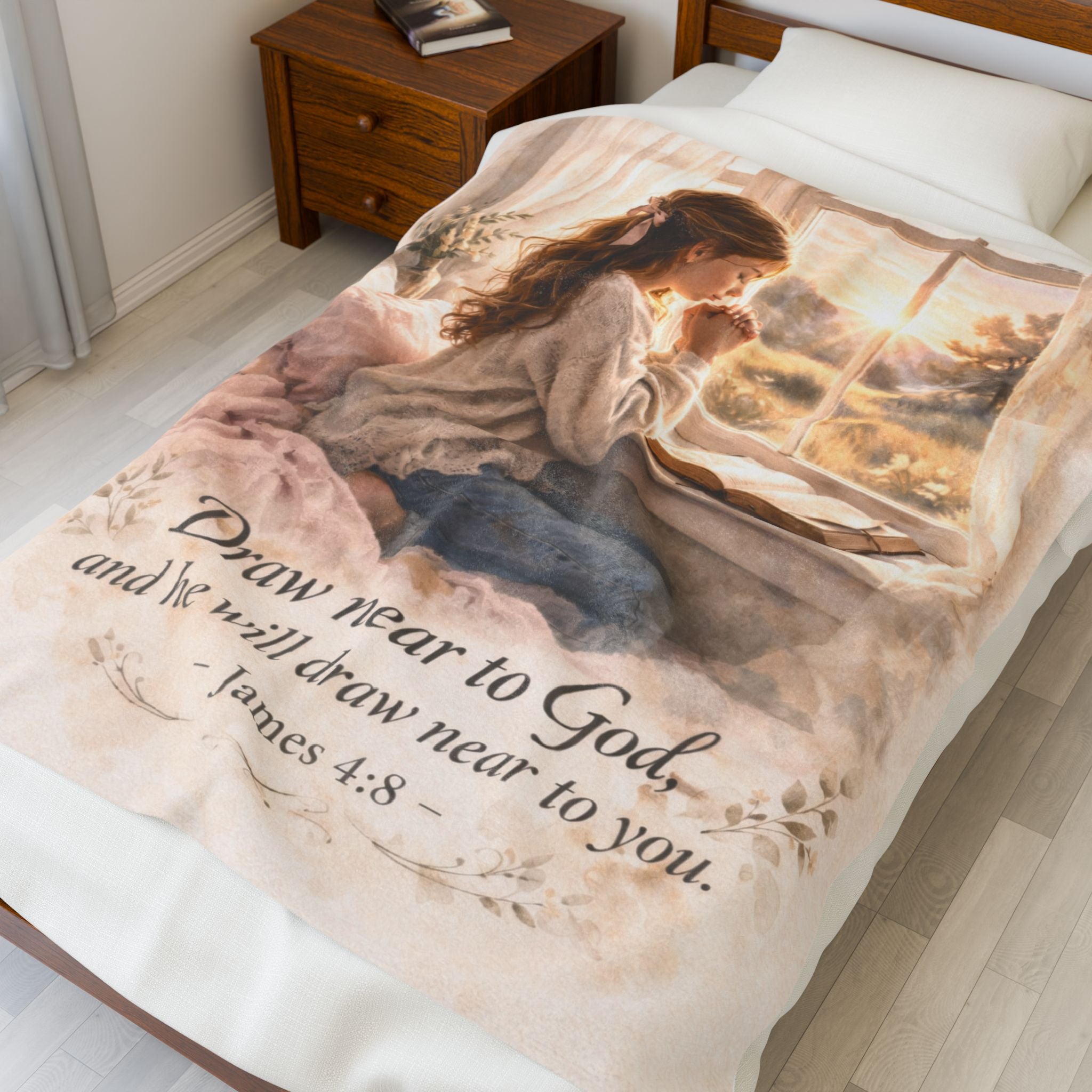 Draw Near to God Velveteen Plush Blanket — Prayerful Cozy Throw (James 4:8)