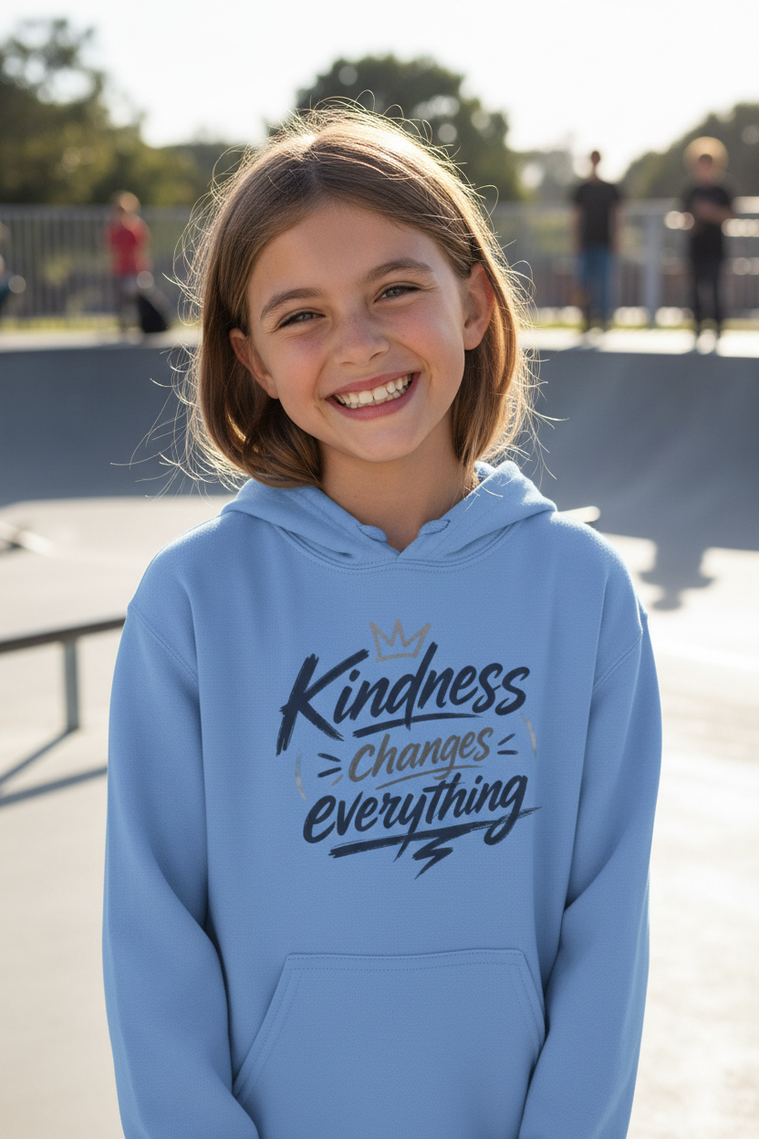 Young girl wearing a blue hoodie with 'Kindness Changes Everything' text at a skate park.