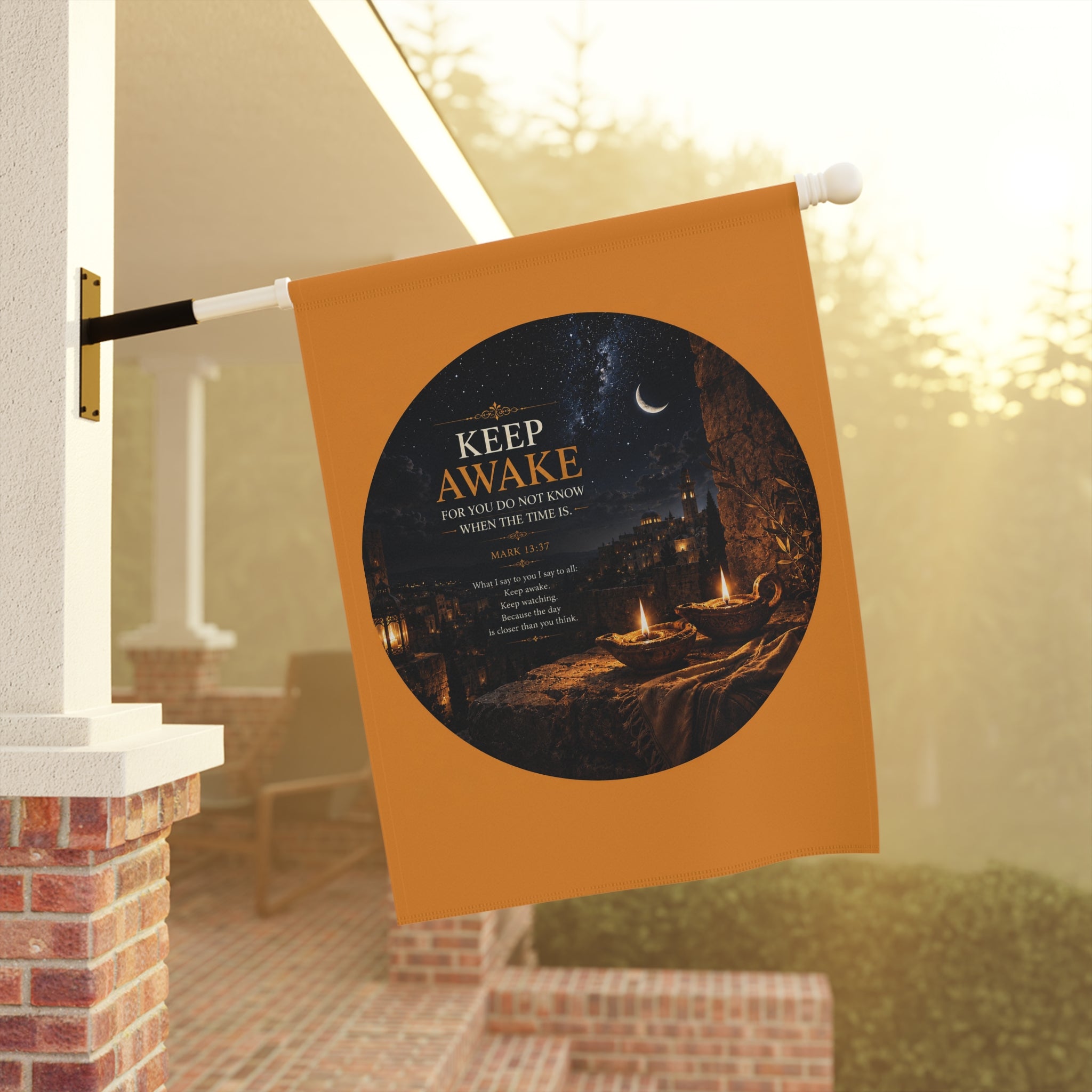 Inspirational garden flag featuring candlelight, a crescent moon, and a glowing stone pathway with the phrase “KEEP AWAKE” in warm golden tones against deep indigo skies.