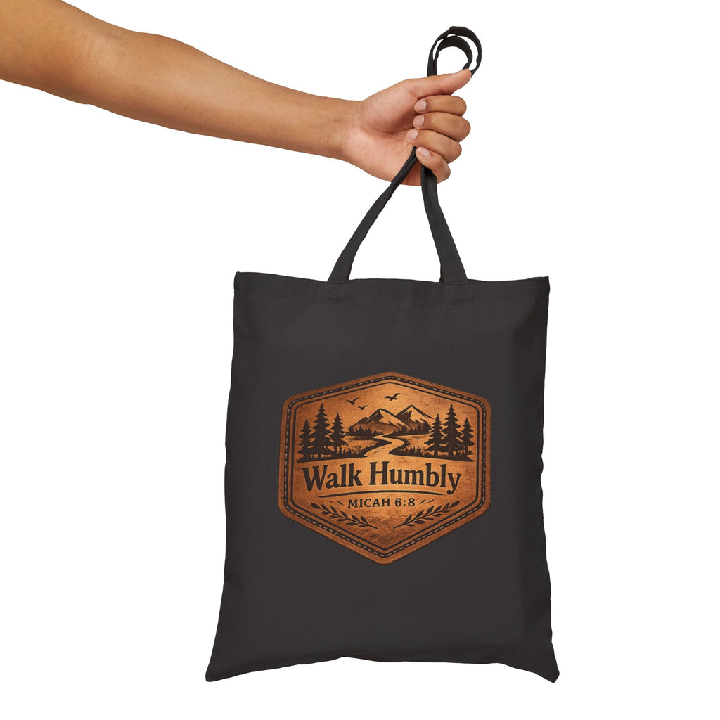 Walk Humbly Tote Bag | Micah 6:8 Christian Canvas Tote | Rustic Mountain Faith Tote