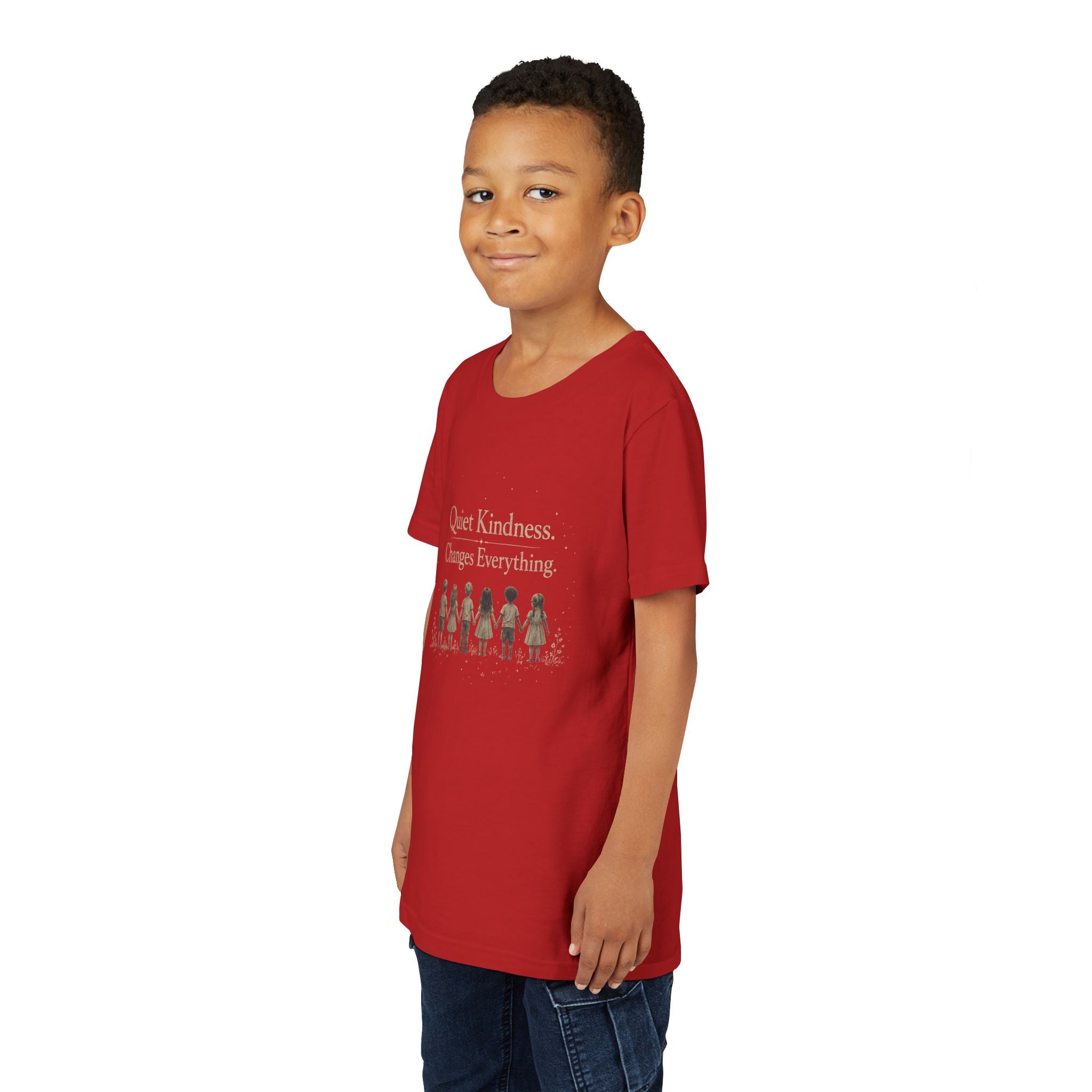 Youth “Quiet Kindness Changes Everything” Tee – Kids Inspirational T-Shirt with Earth & Friends Graphic