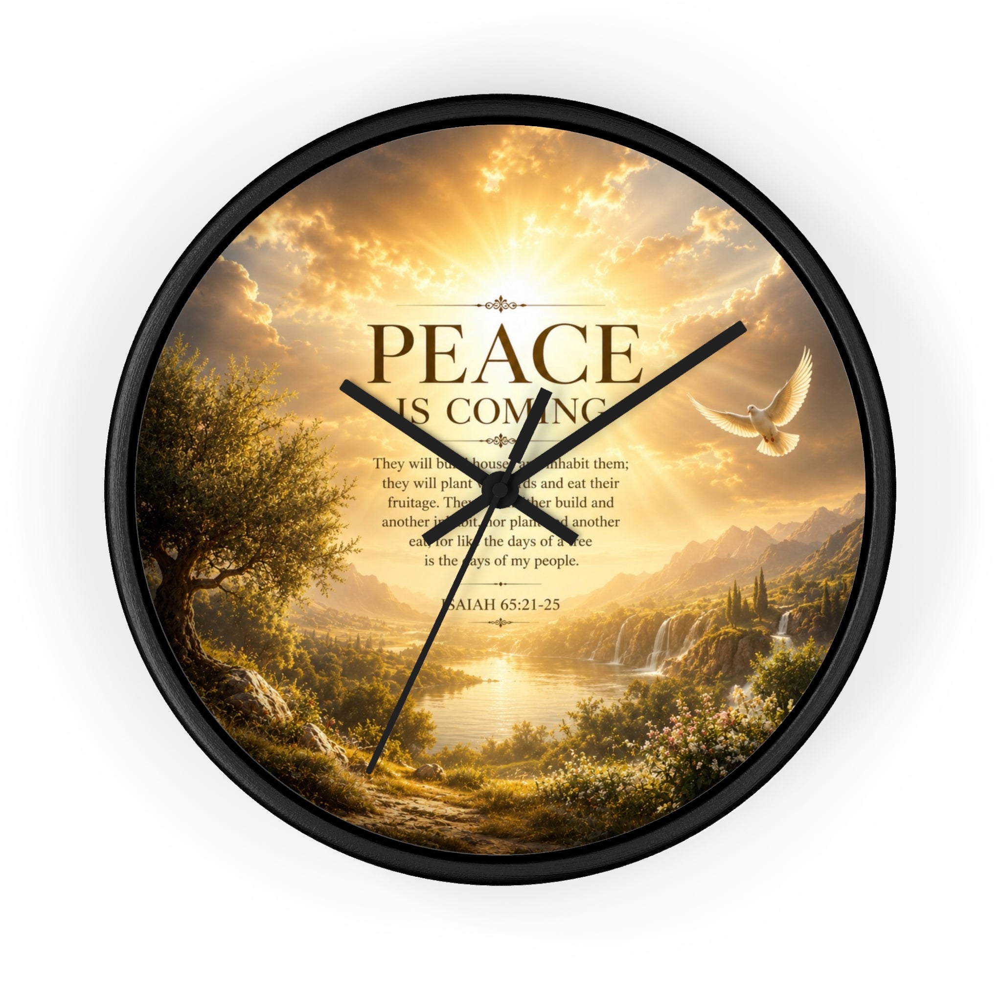 Peace Is Coming Wall Clock | Inspirational Christian Dove Decor | Silent Sunrise Quote Clock