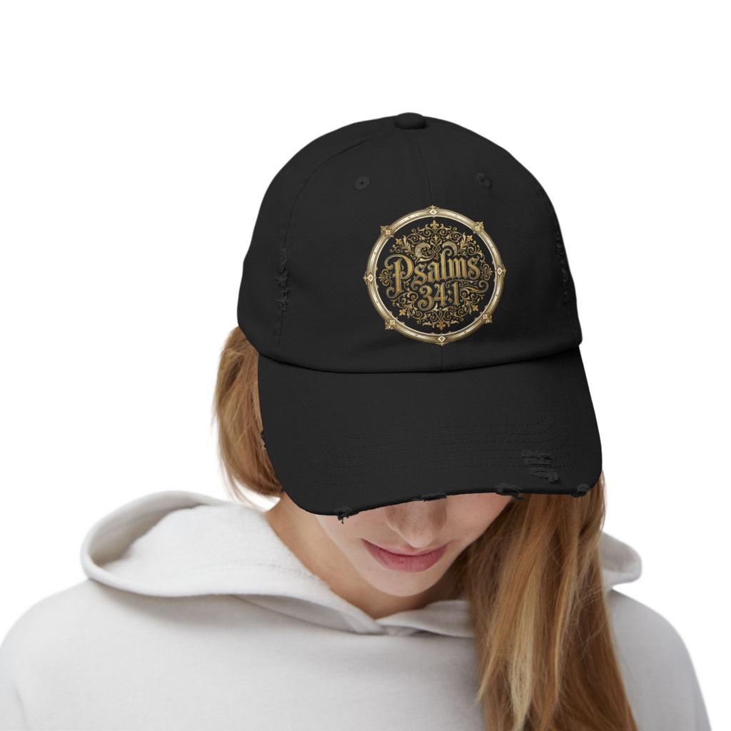 Distressed Black Cap – Psalm 23:1 Vintage Gold Emblem Hat | Faith & Freedom Creations