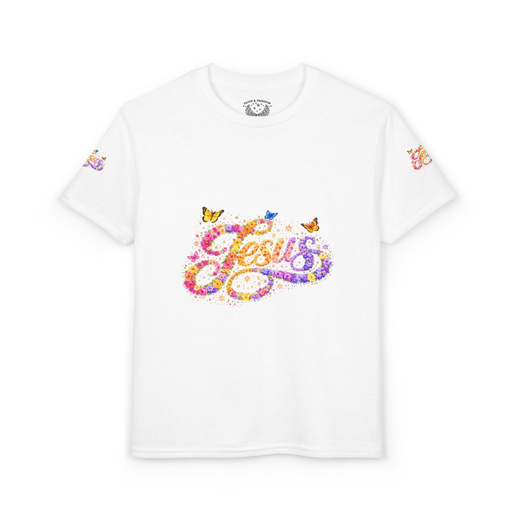 Youth Jesus Floral Butterfly T-Shirt – Christian Kids Faith Tee | Gratitude Sneaker Style Shirt