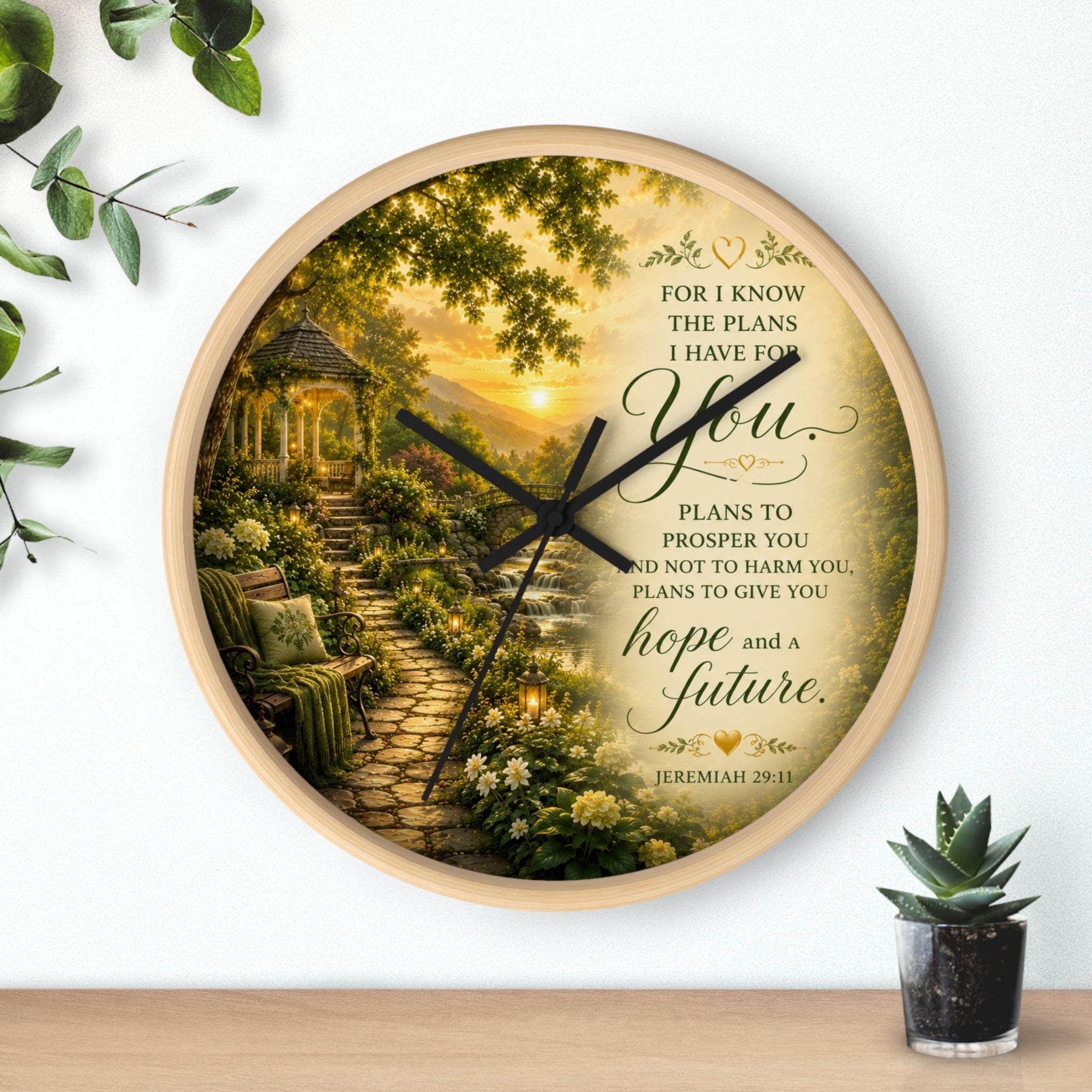 Inspirational Christian wall clock featuring a peaceful garden pathway, gazebo, and Jeremiah 29:11 scripture about hope and a future in warm sunset tones.