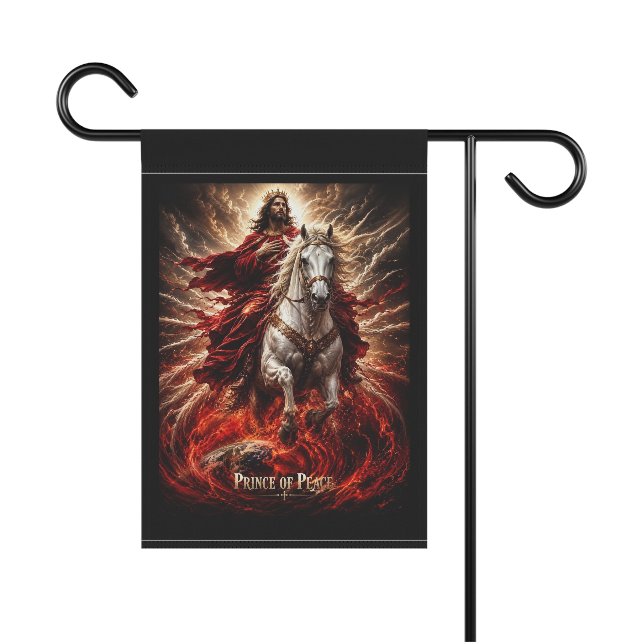 Christian garden banner featuring Jesus beside a noble horse with the words “Prince of Peace” in warm country-inspired outdoor artwork.