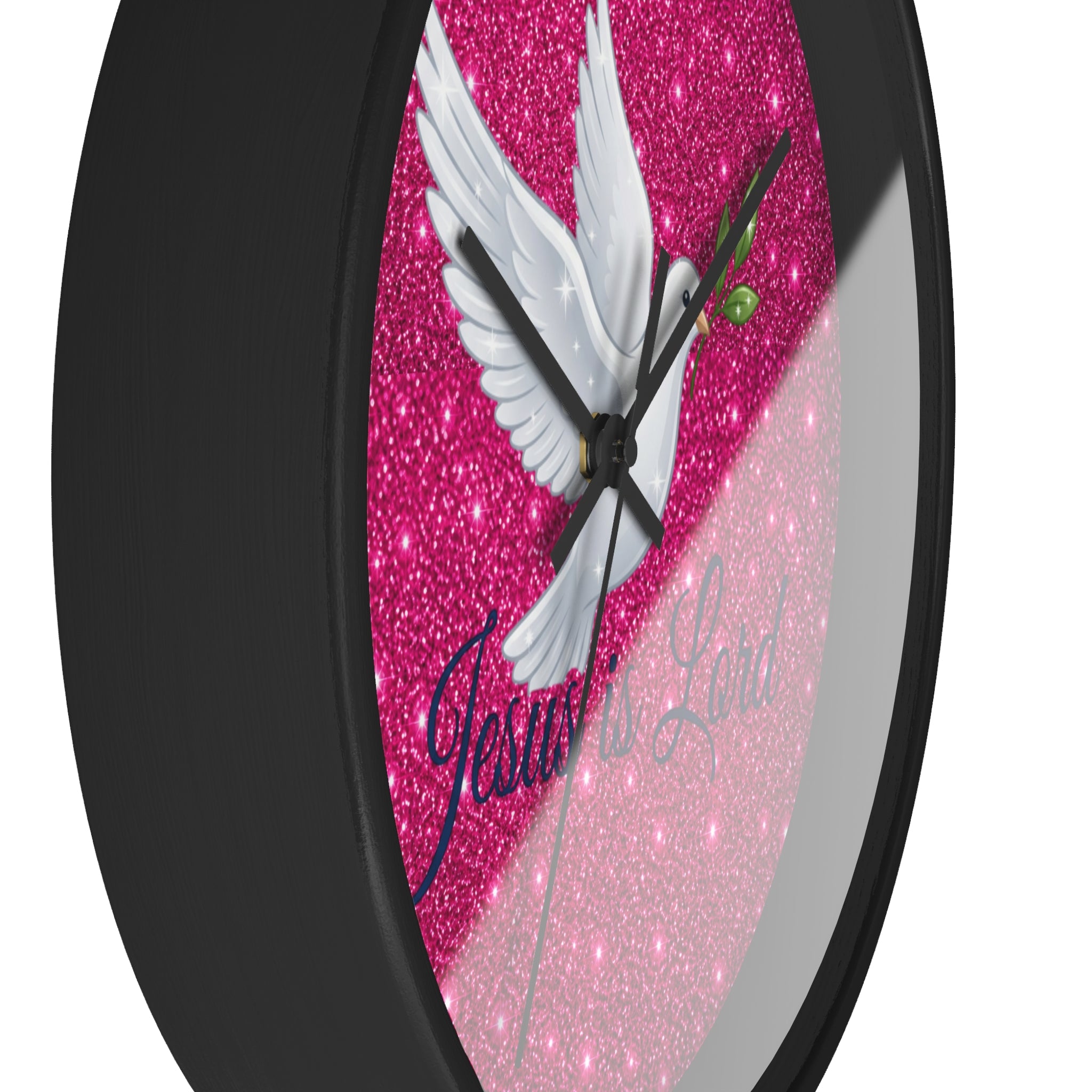 Jesus Is Lord Wall Clock | Pink Glitter Dove Christian Wall Decor | Silent Faith Clock