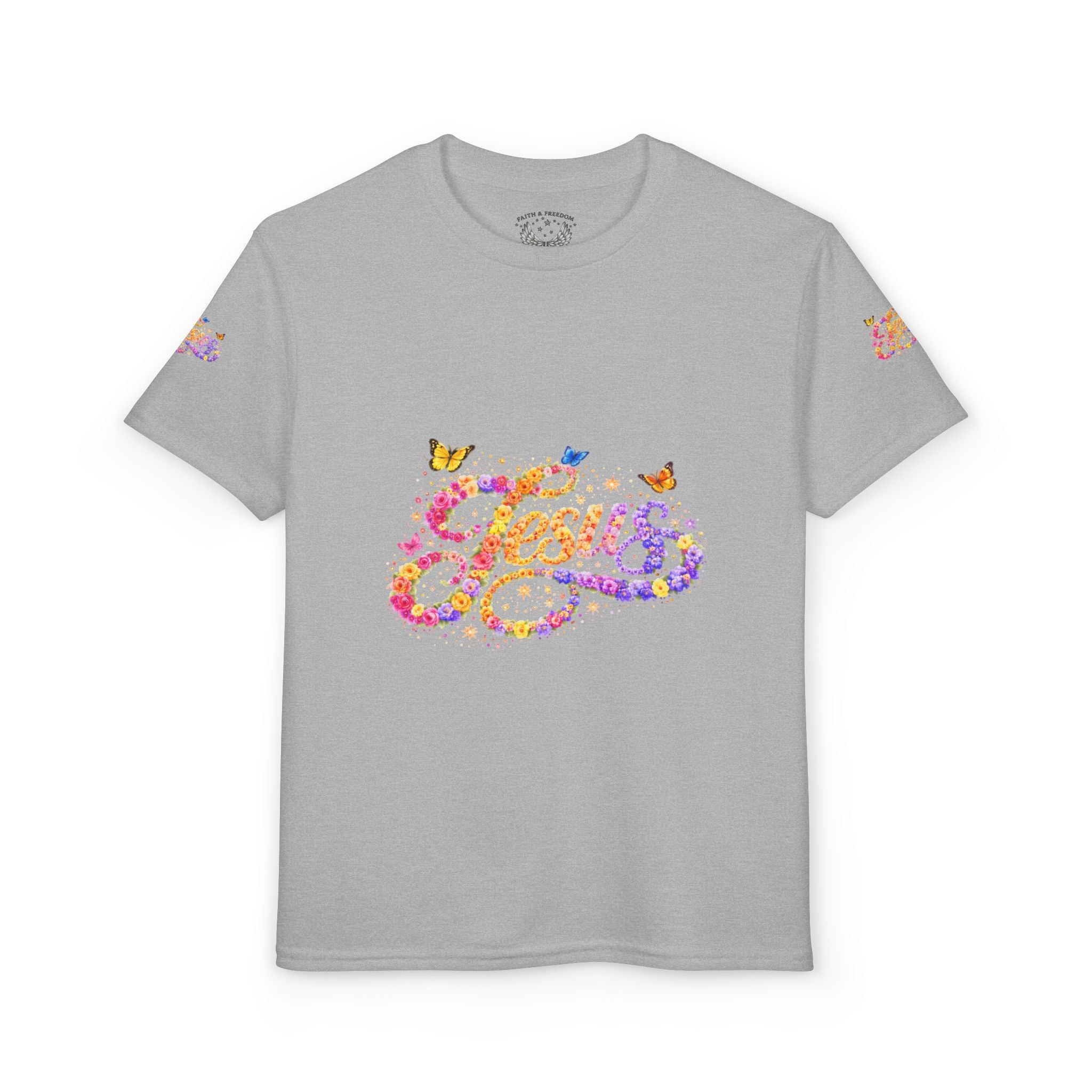 Youth Jesus Floral Butterfly T-Shirt – Christian Kids Faith Tee | Gratitude Sneaker Style Shirt