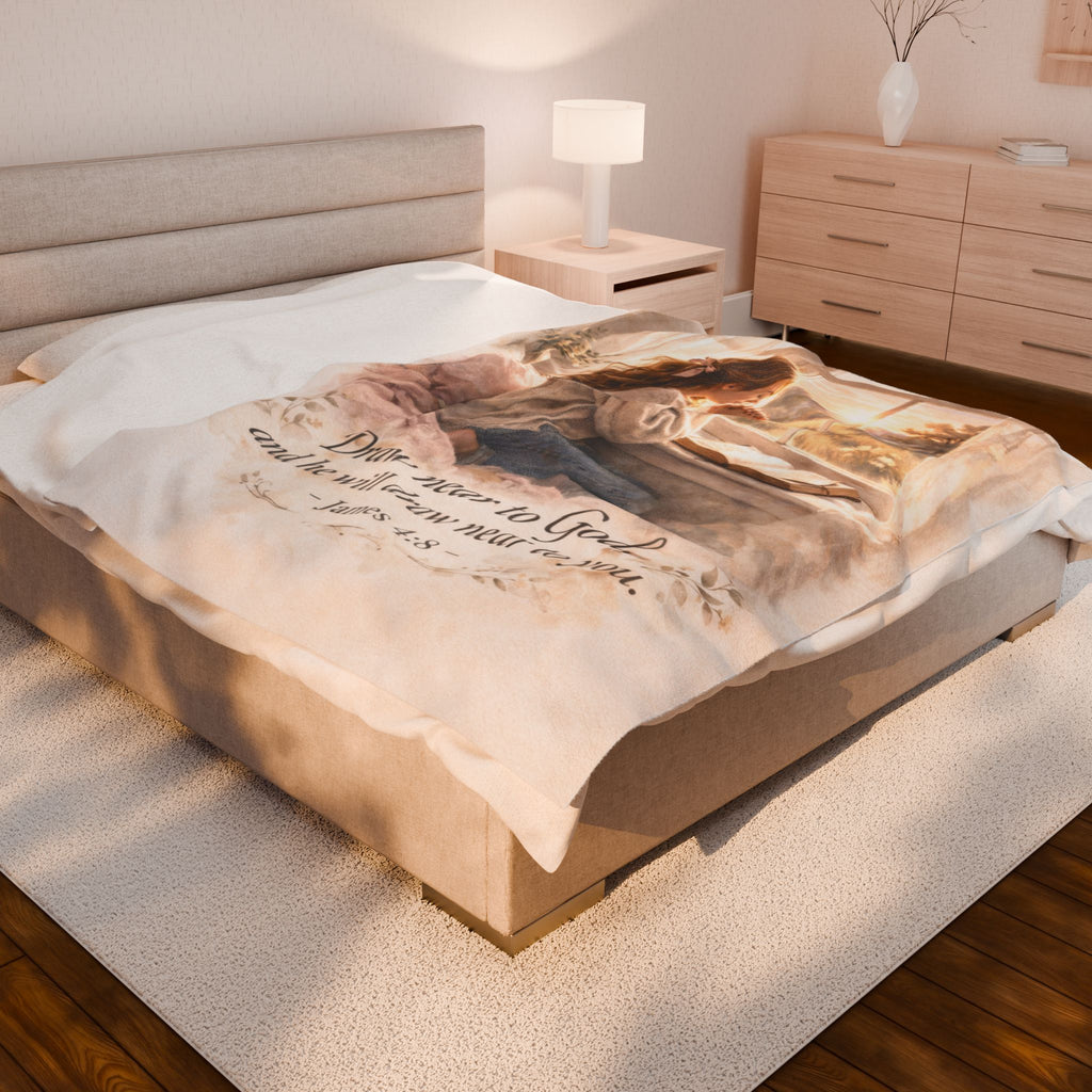 Draw Near to God Plush Blanket – James 4:8 Christian Throw | Prayerful Velveteen Cozy Blanket