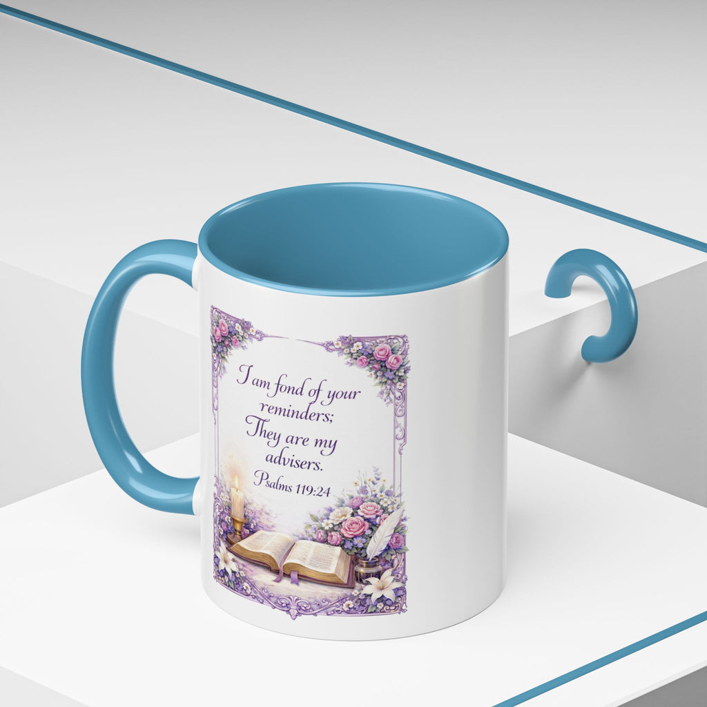 Inspirational Christian ceramic accent coffee mug featuring Psalm 119:24, delicate floral artwork, and the message “I am fond of your reminders” with colorful handle and interior accents.