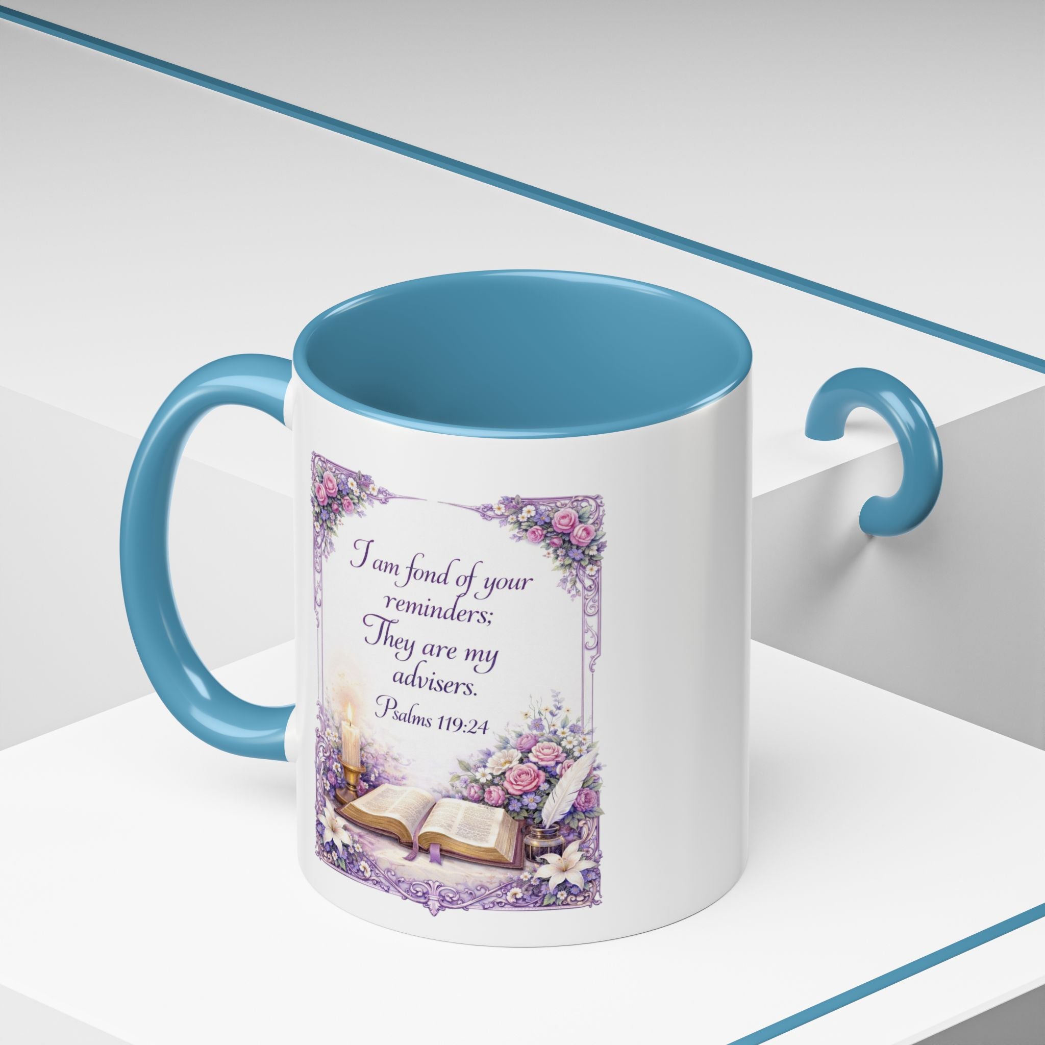 Inspirational Christian ceramic accent coffee mug featuring Psalm 119:24, delicate floral artwork, and the message “I am fond of your reminders” with colorful handle and interior accents.