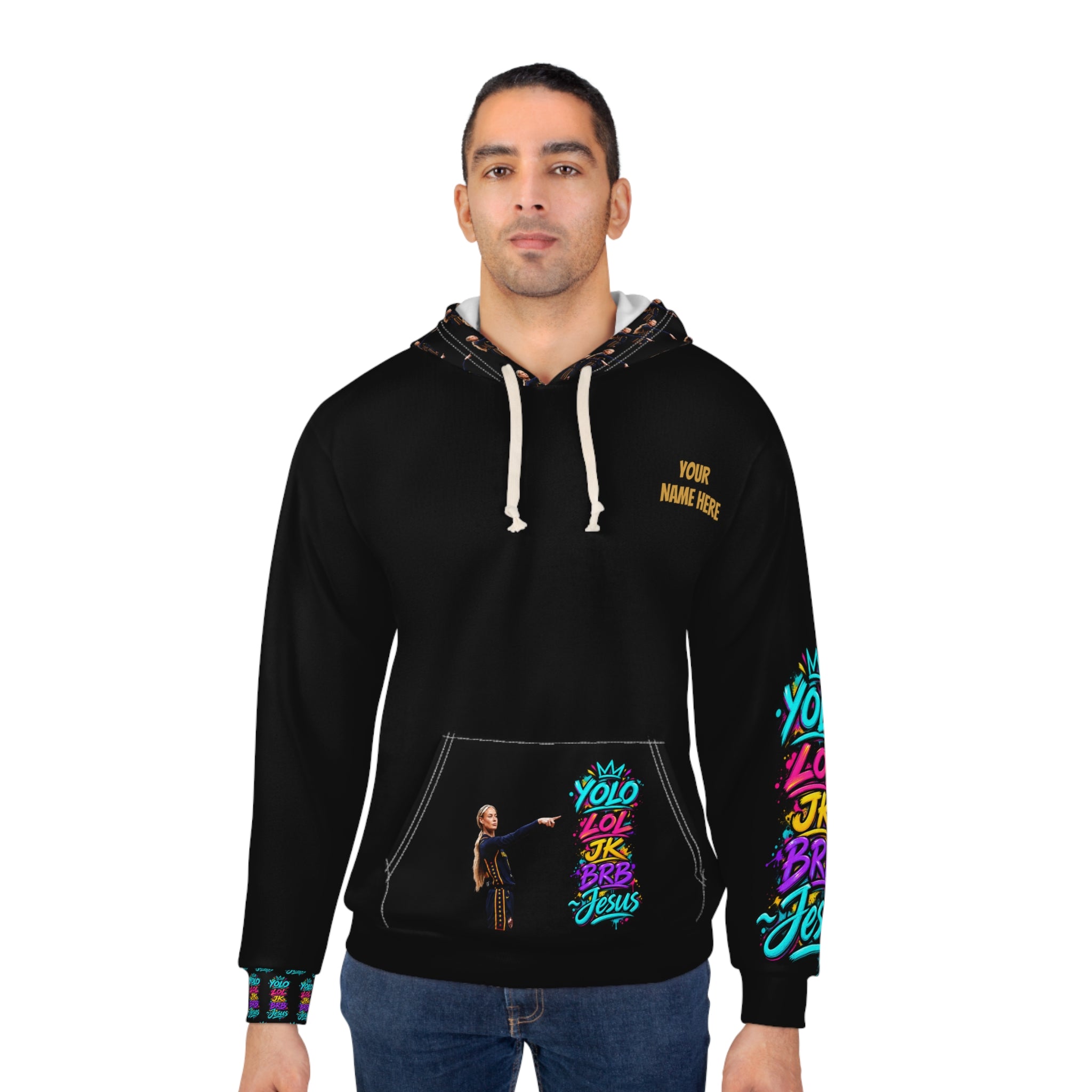 Black personalized pullover hoodie with colorful YOLO LOL JK BRB ~Jesus graffiti artwork, illustrated woman pointing toward the words, coordinating sleeve and cuff graphics, patterned hood, kangaroo pocket artwork, and custom name on the front chest.