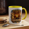 Inspirational Christian ceramic accent coffee mug featuring Psalm 34:1 and the message “Worship From the Heart” with colorful handle and interior accents on a glossy white mug.
