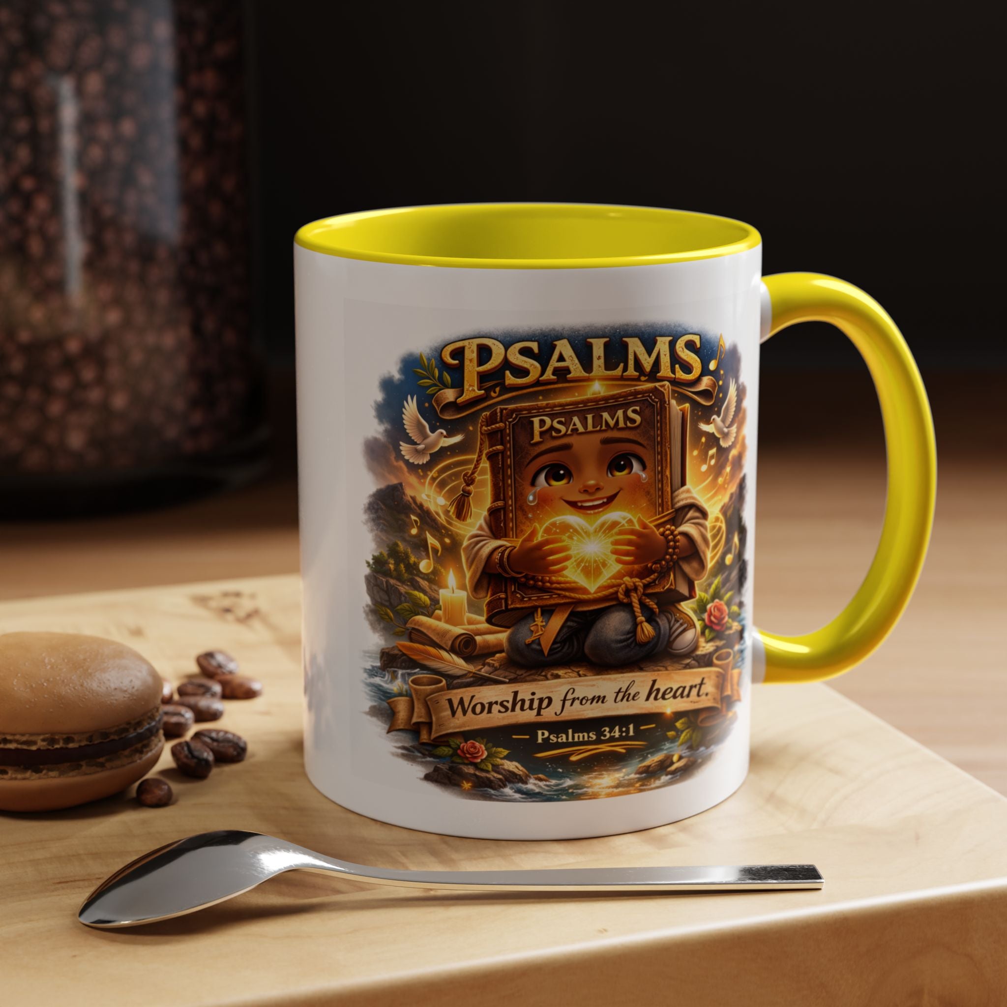 Inspirational Christian ceramic accent coffee mug featuring Psalm 34:1 and the message “Worship From the Heart” with colorful handle and interior accents on a glossy white mug.