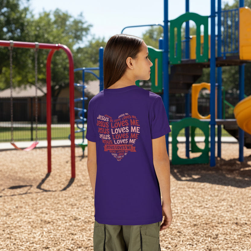 Jesus Loves Me Youth T-Shirt – Heart Word Cloud Christian Kids Tee | Faith Inspired Youth Shirt