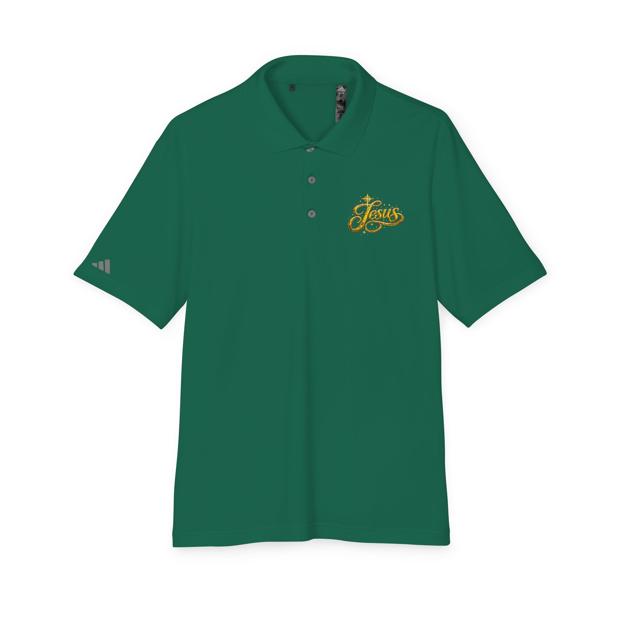 'Jesus' Script Embroidered Polo — Gold Faith Golf Shirt