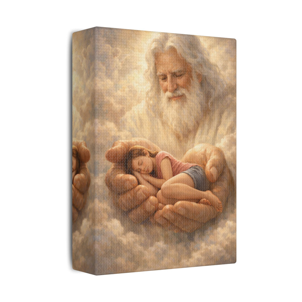 Safely in His Hands Canvas — Teen Girl Sleeping in God's Embrace | Christian Faith Wall Art