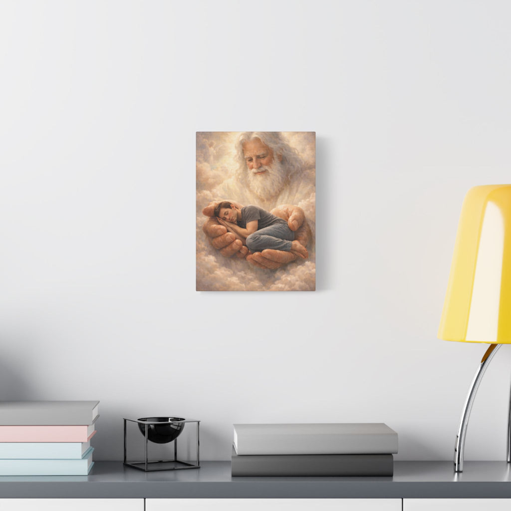 Safely in His Hands Canvas — 'Man' Sleeping in God's Embrace Wall Art
