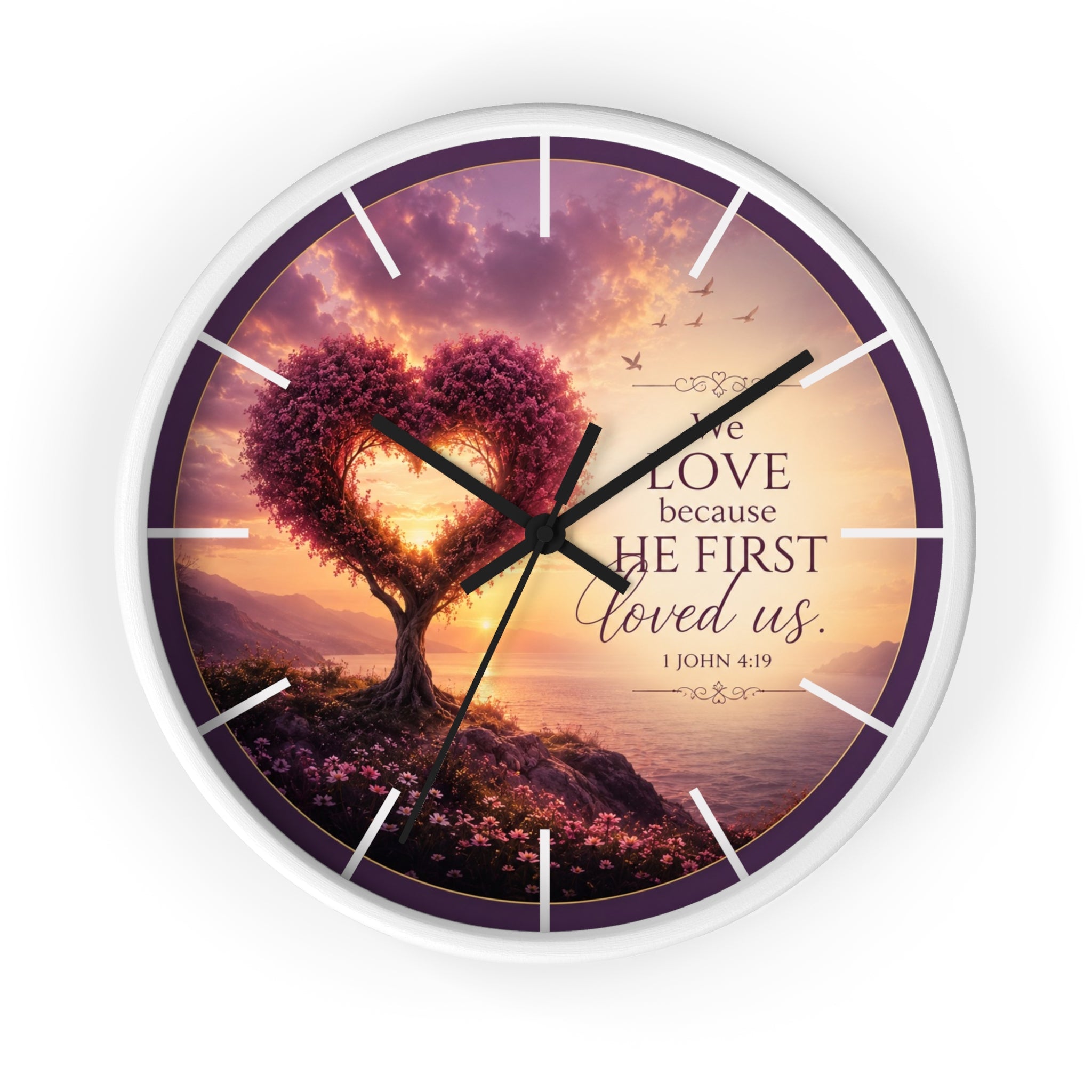 We Love Because He First Loved Us Wall Clock | Christian Heart Tree Decor | 1 John 4:19 Scripture Clock