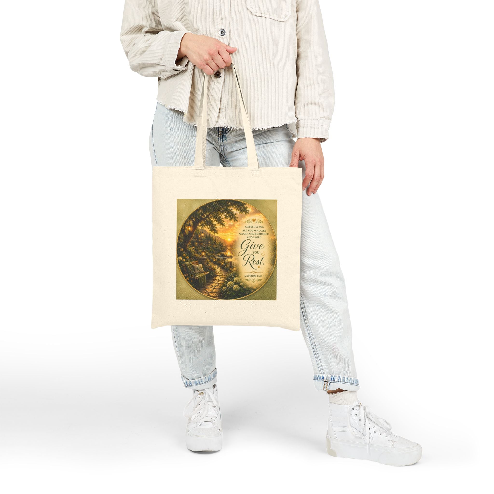 Come to Me and I Will Give You Rest Tote Bag | Matthew 11:28 Christian Canvas Tote