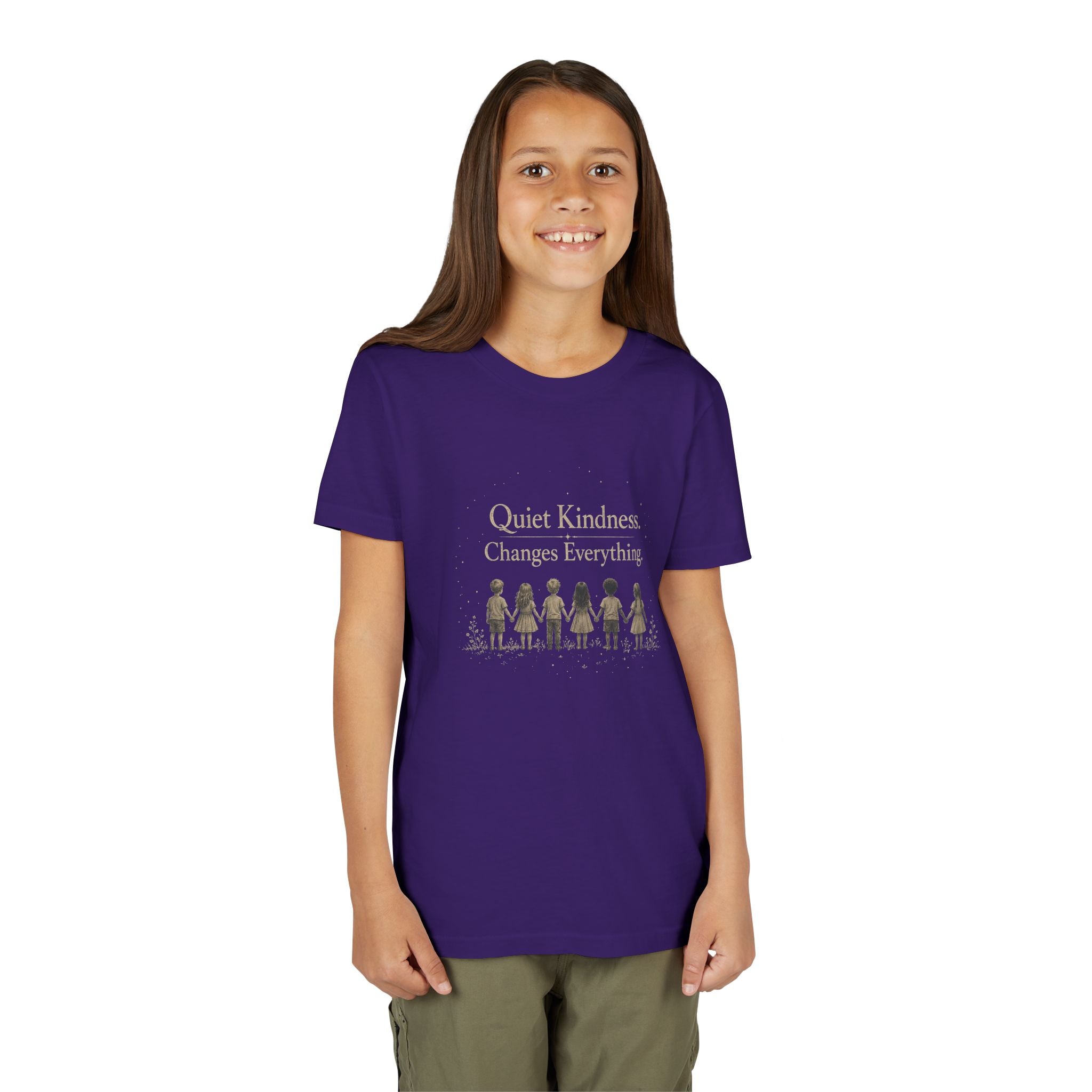Youth “Quiet Kindness Changes Everything” Tee – Kids Inspirational T-Shirt with Earth & Friends Graphic