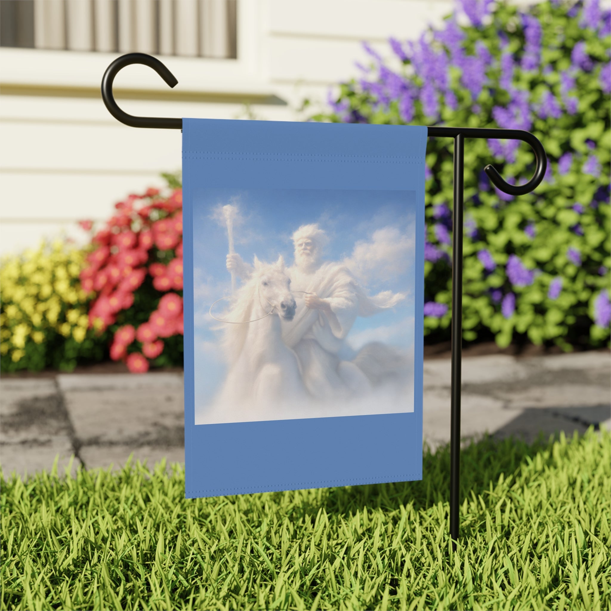 Inspirational Christian garden flag featuring Jesus riding a white horse through glowing clouds with dramatic sky scenery and double-sided outdoor artwork.