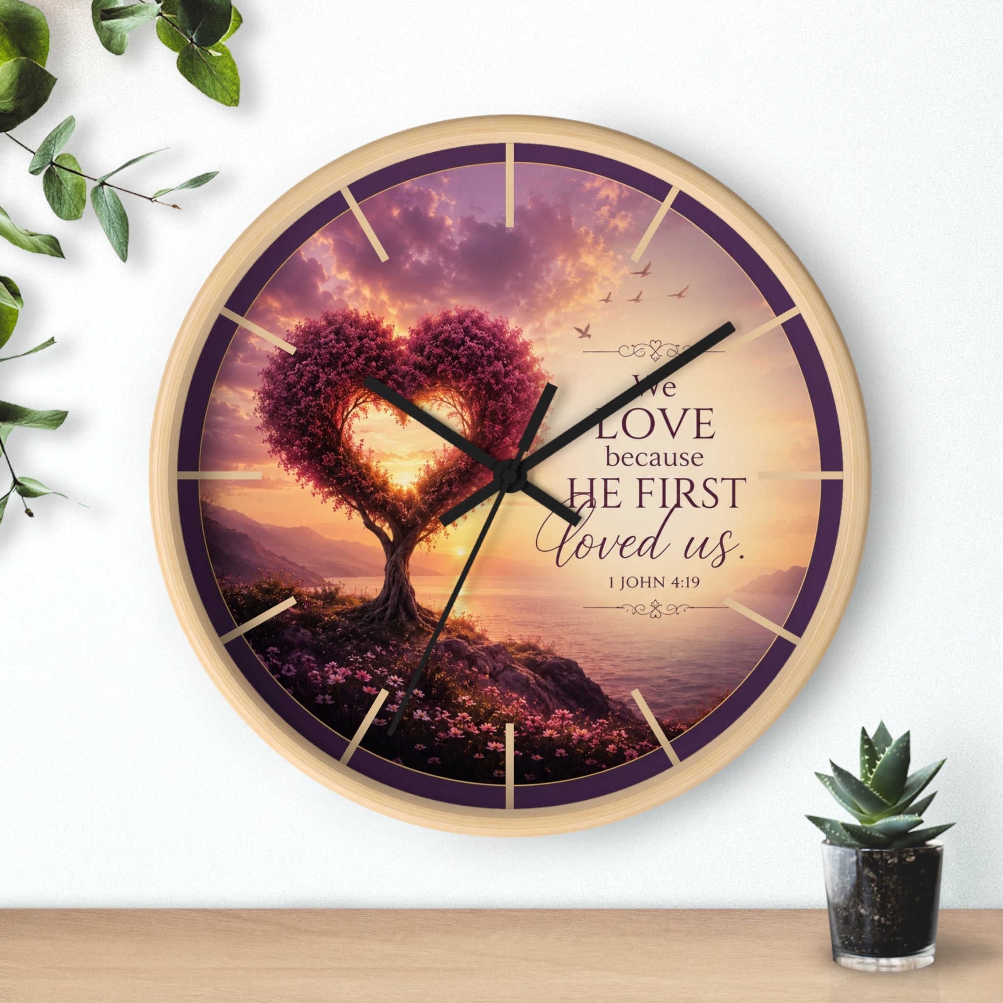 We Love Because He First Loved Us Wall Clock | Christian Heart Tree Decor | 1 John 4:19 Scripture Clock