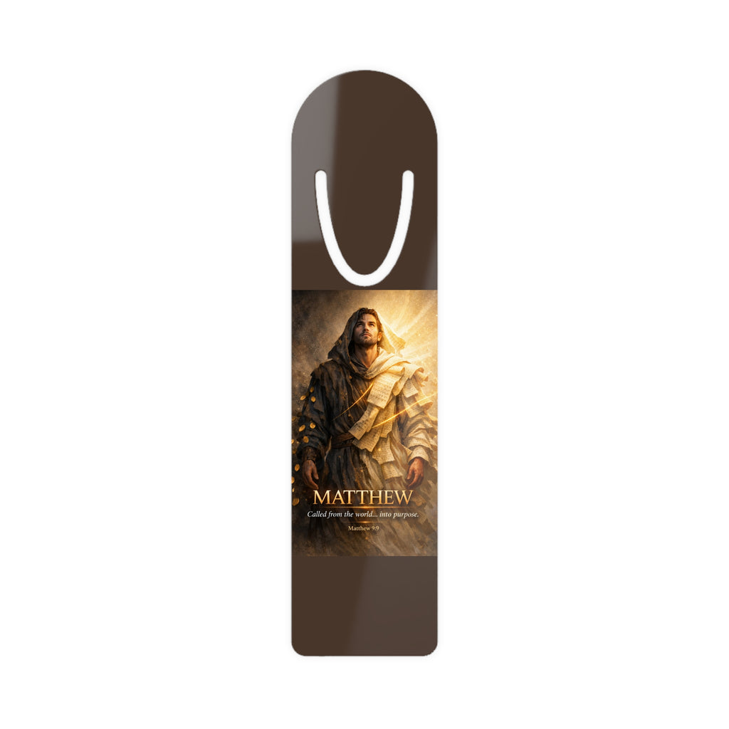 Bookmark with a religious figure and 'Matthew' text on a white background