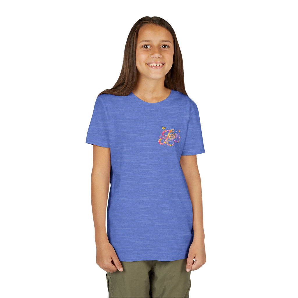 Youth Jesus Floral Script T-Shirt – Butterfly Christian Kids Tee | Faith Youth Shirt