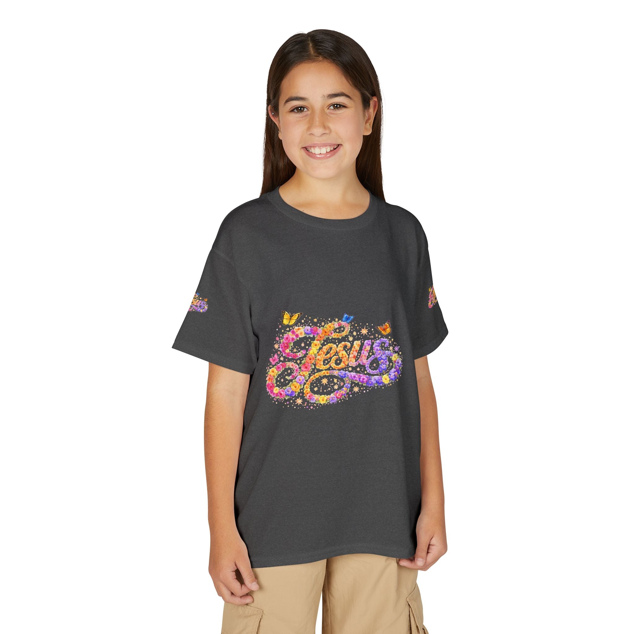 Youth Jesus Floral Butterfly T-Shirt – Christian Kids Faith Tee | Gratitude Sneaker Style Shirt