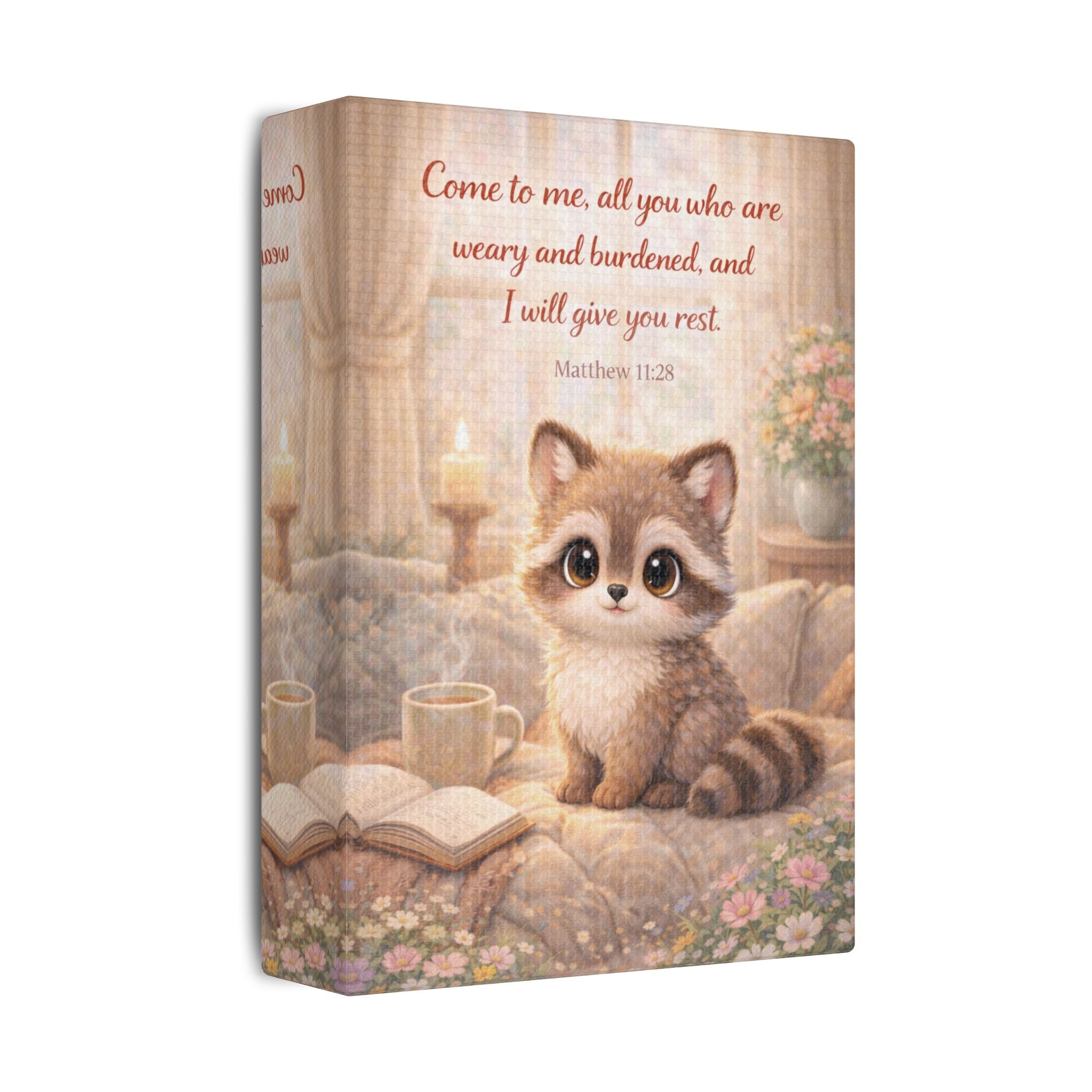 Scripture Woodland Animals – Raccoon – Matthew 11:28 Canvas Print