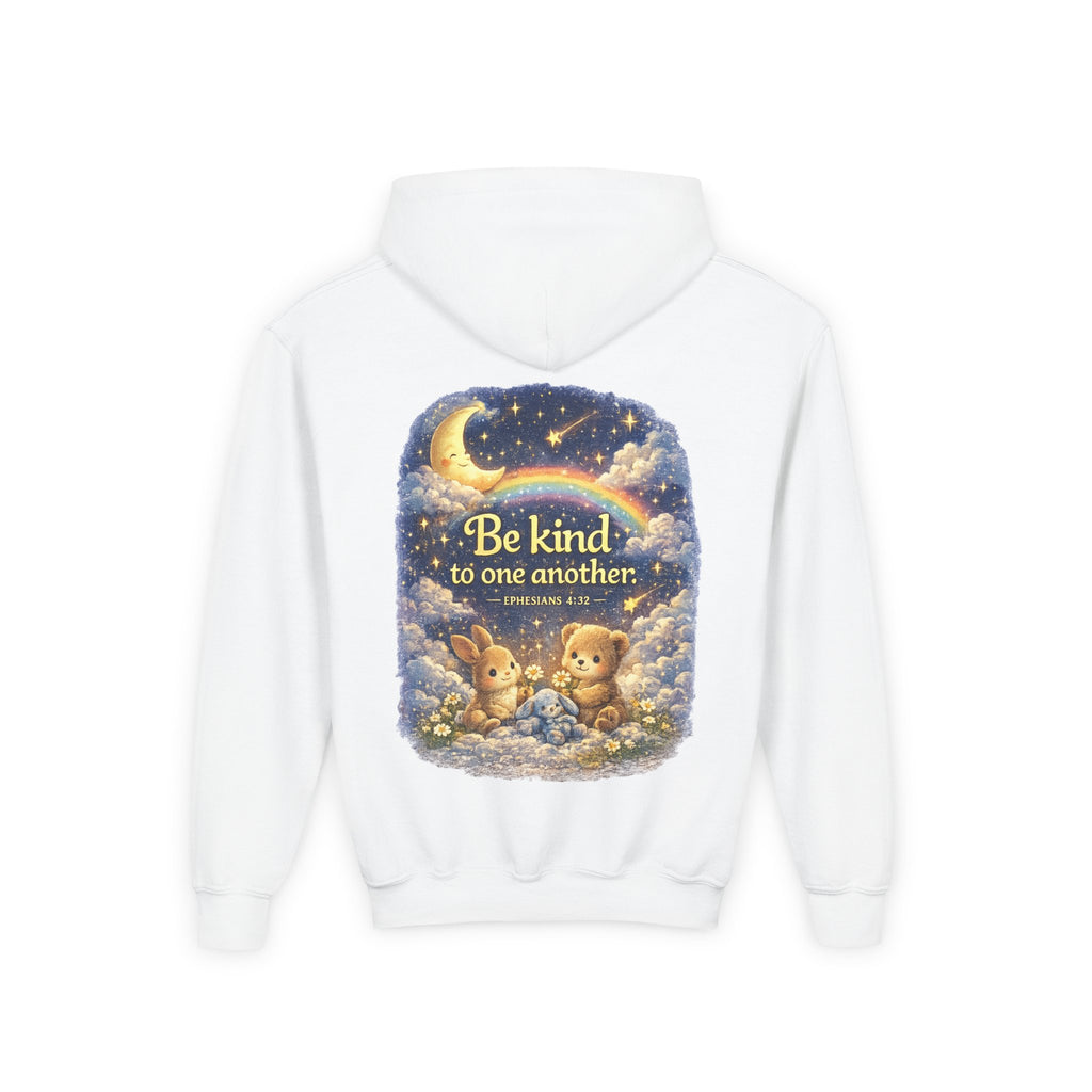 Youth “Be Kind to One Another” Hoodie – Cute Bunny Night Sky Scripture Sweatshirt