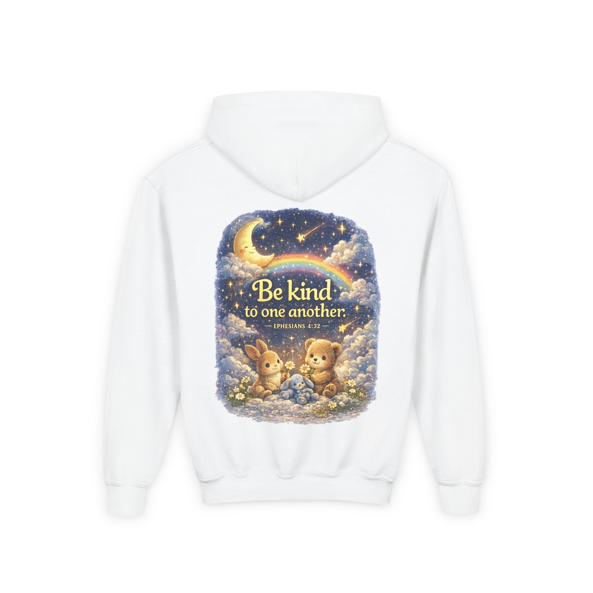 Youth “Be Kind to One Another” Hoodie – Cute Bunny Night Sky Scripture Sweatshirt