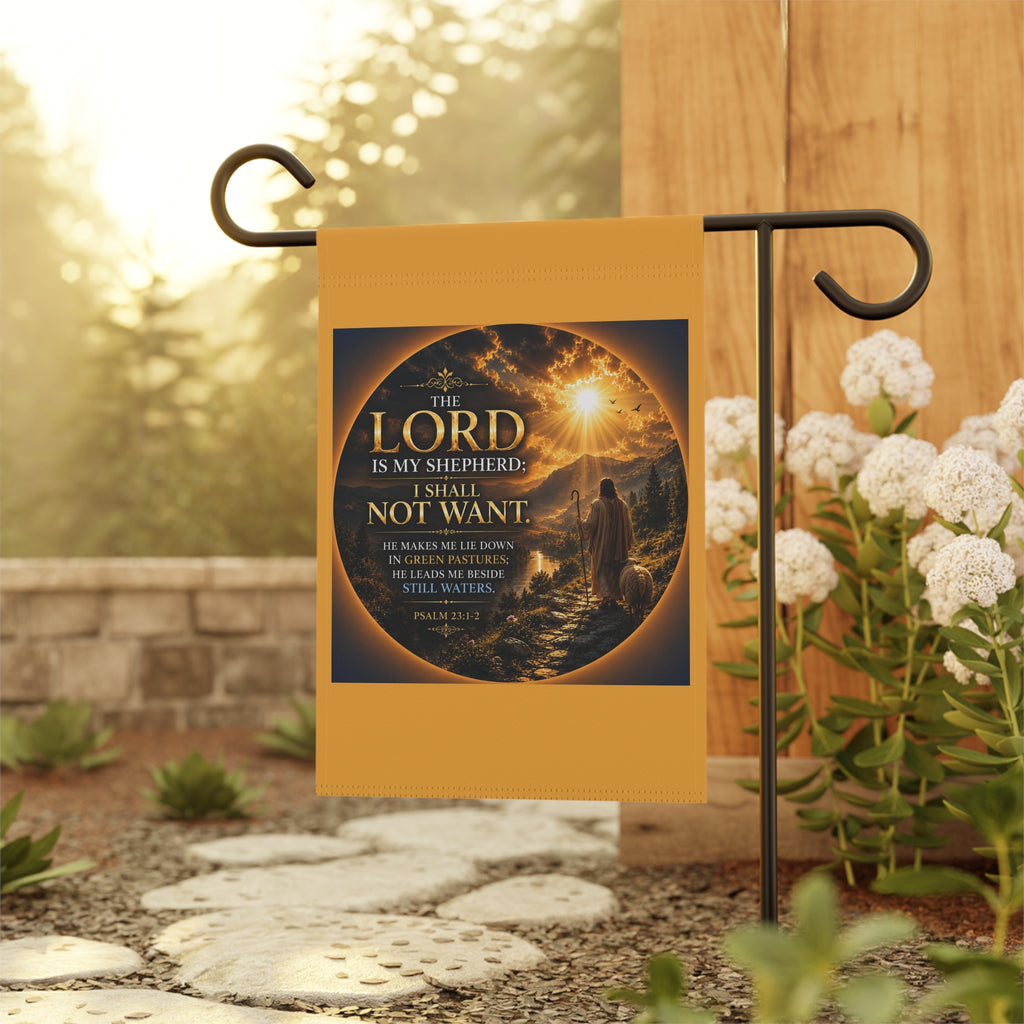 Inspirational Christian garden flag featuring a sunrise shepherd scene with Psalm 23 “The Lord Is My Shepherd” in warm glowing devotional artwork.