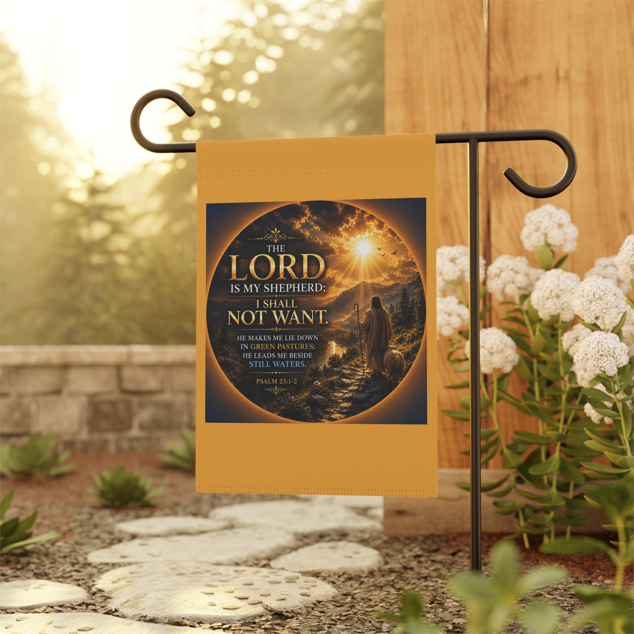 Inspirational Christian garden flag featuring a sunrise shepherd scene with Psalm 23 “The Lord Is My Shepherd” in warm glowing devotional artwork.