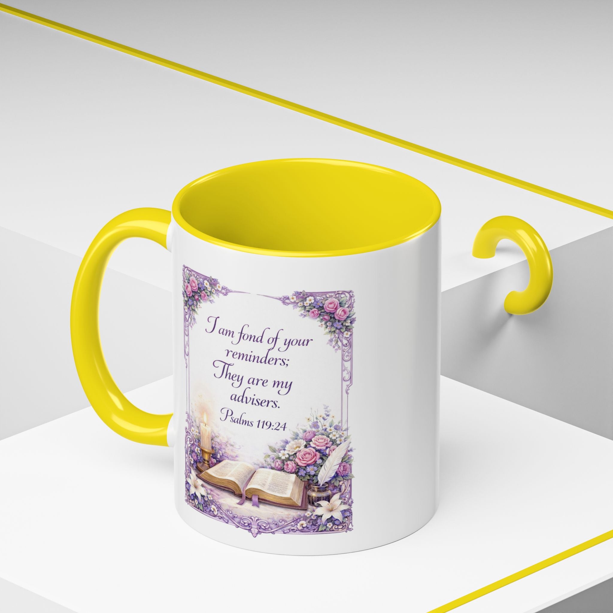 Inspirational Christian ceramic accent coffee mug featuring Psalm 119:24, delicate floral artwork, and the message “I am fond of your reminders” with colorful handle and interior accents.