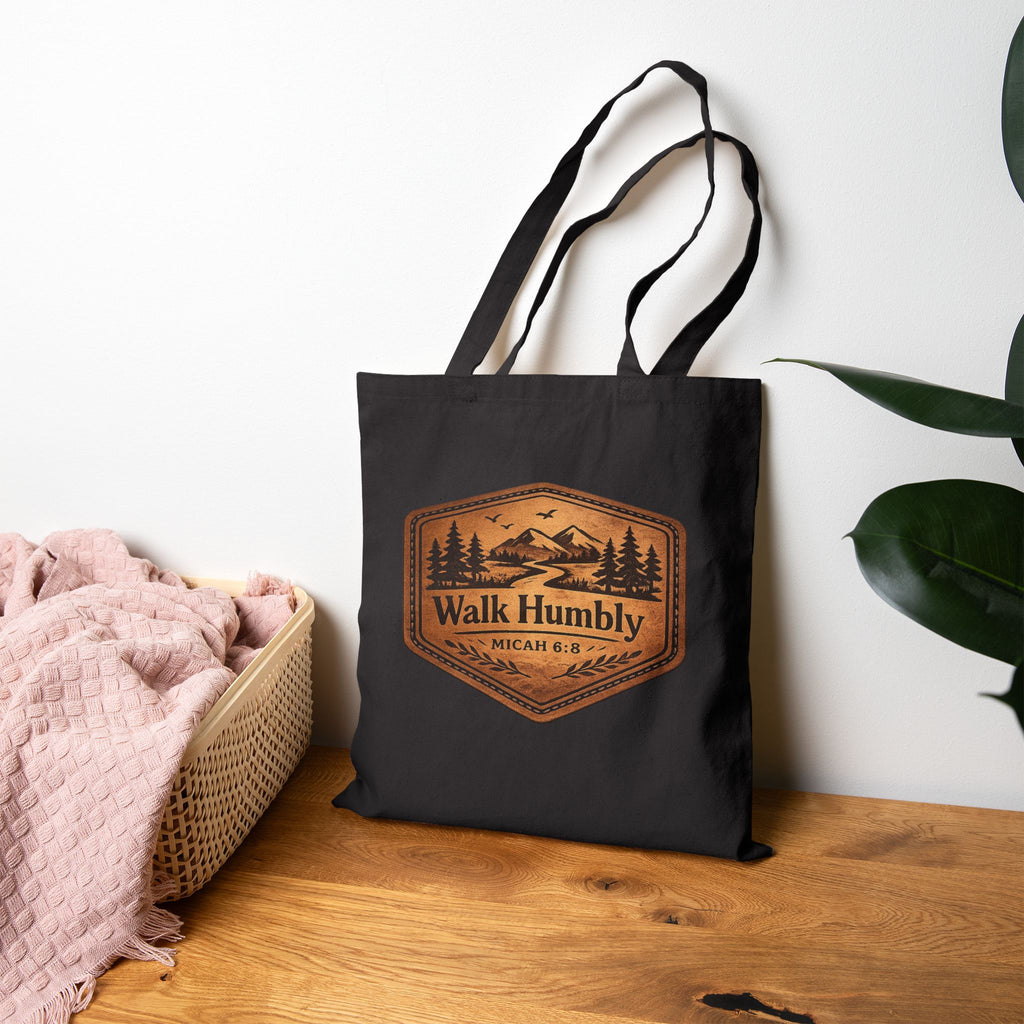 Rustic Christian cotton canvas tote bag featuring Micah 6:8 and the message “Walk Humbly,” with vintage mountain landscape artwork, pine trees, birds, and a winding trail in a leather-patch style design.