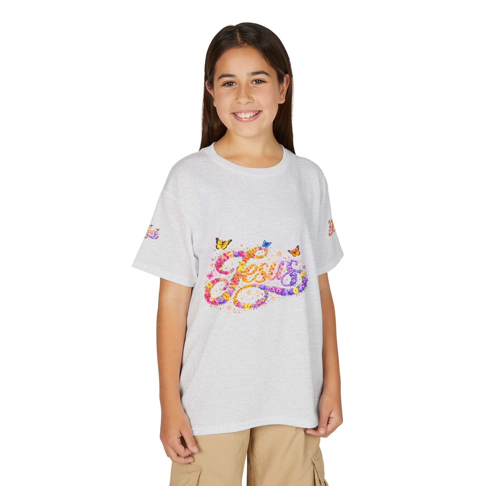 Youth Jesus Floral Butterfly T-Shirt – Christian Kids Faith Tee | Gratitude Sneaker Style Shirt