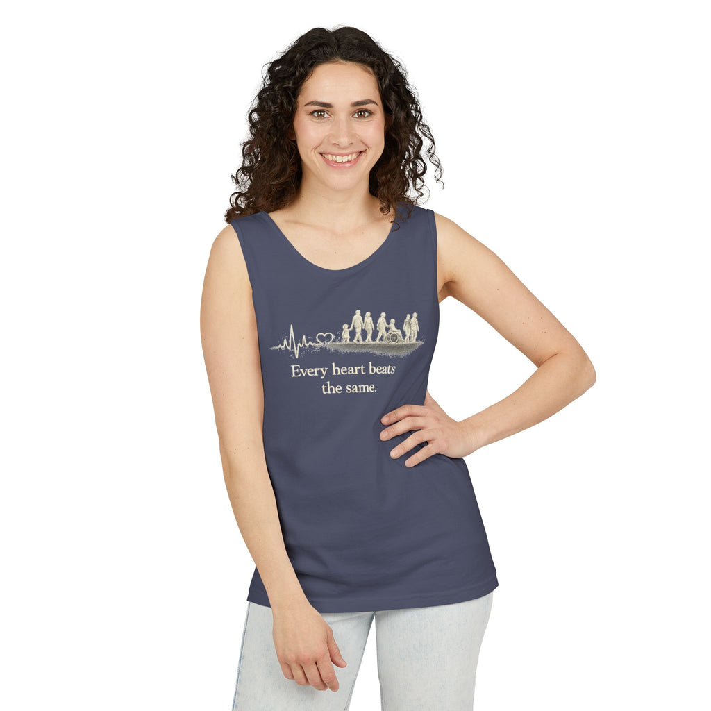 “Every Heart Beats the Same” Vintage Surf Tank Top – Garment-Dyed Coastal Unity Tank