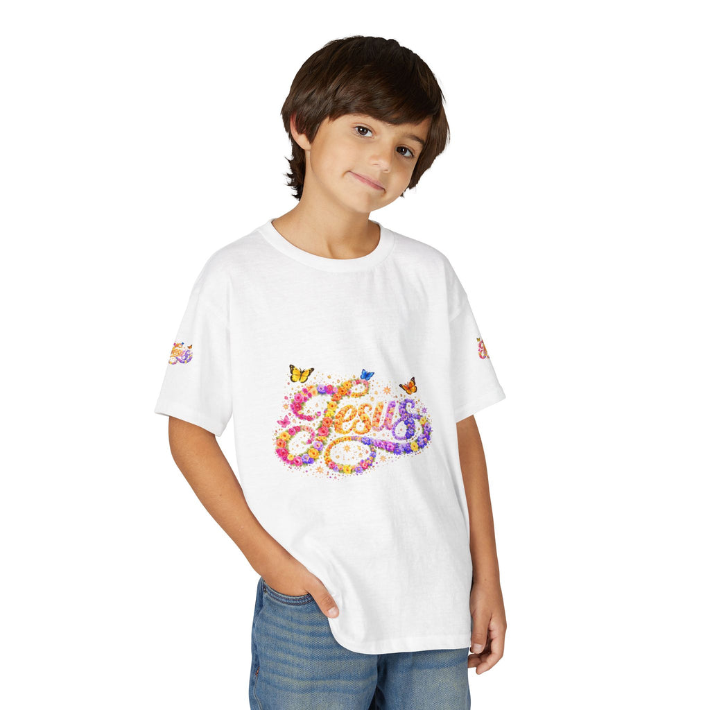 Youth Jesus Floral Butterfly T-Shirt – Christian Kids Faith Tee | Gratitude Sneaker Style Shirt