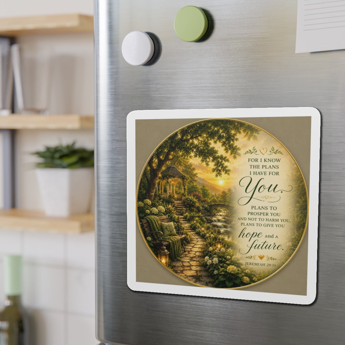 Decorative magnet with garden scene and text on a refrigerator