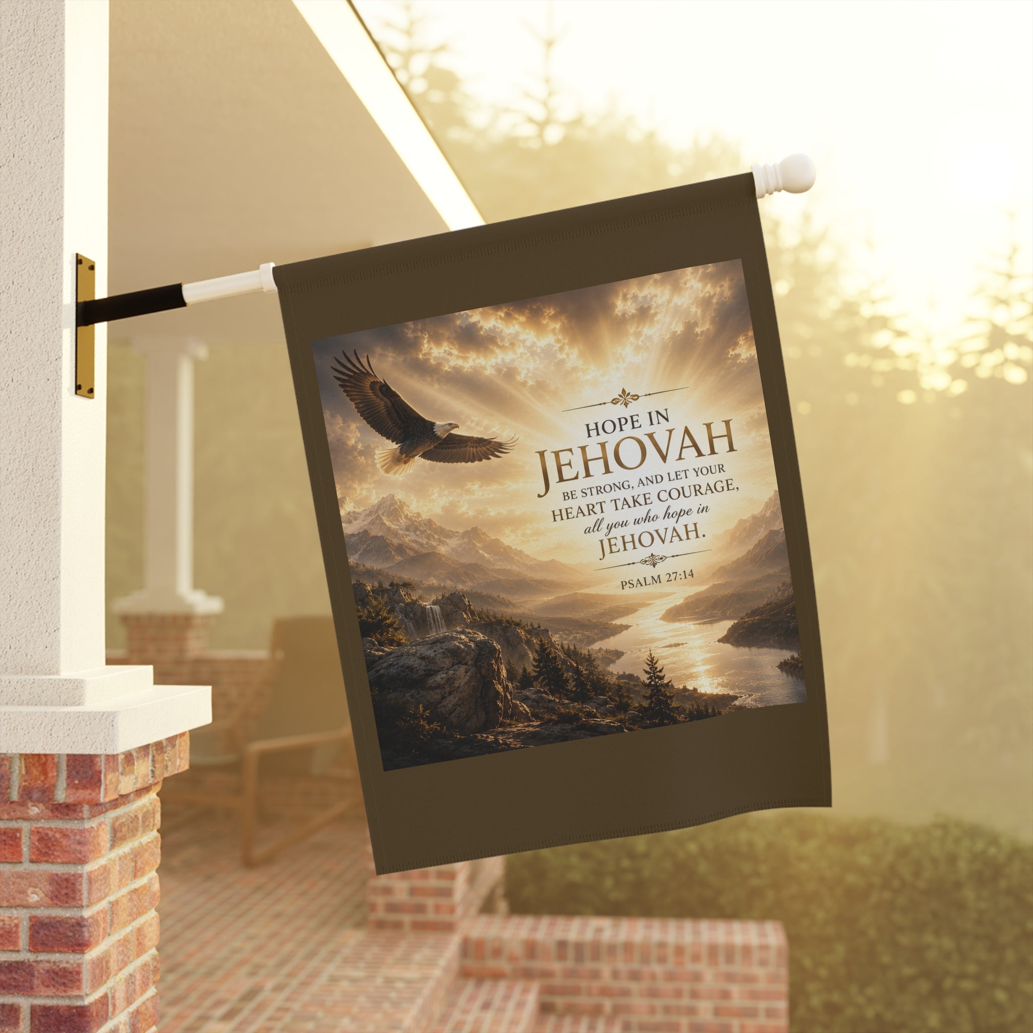 Inspirational Christian garden flag featuring a soaring eagle above a peaceful valley with warm sunset tones inspired by Psalm 27:14 and hope in Jehovah.