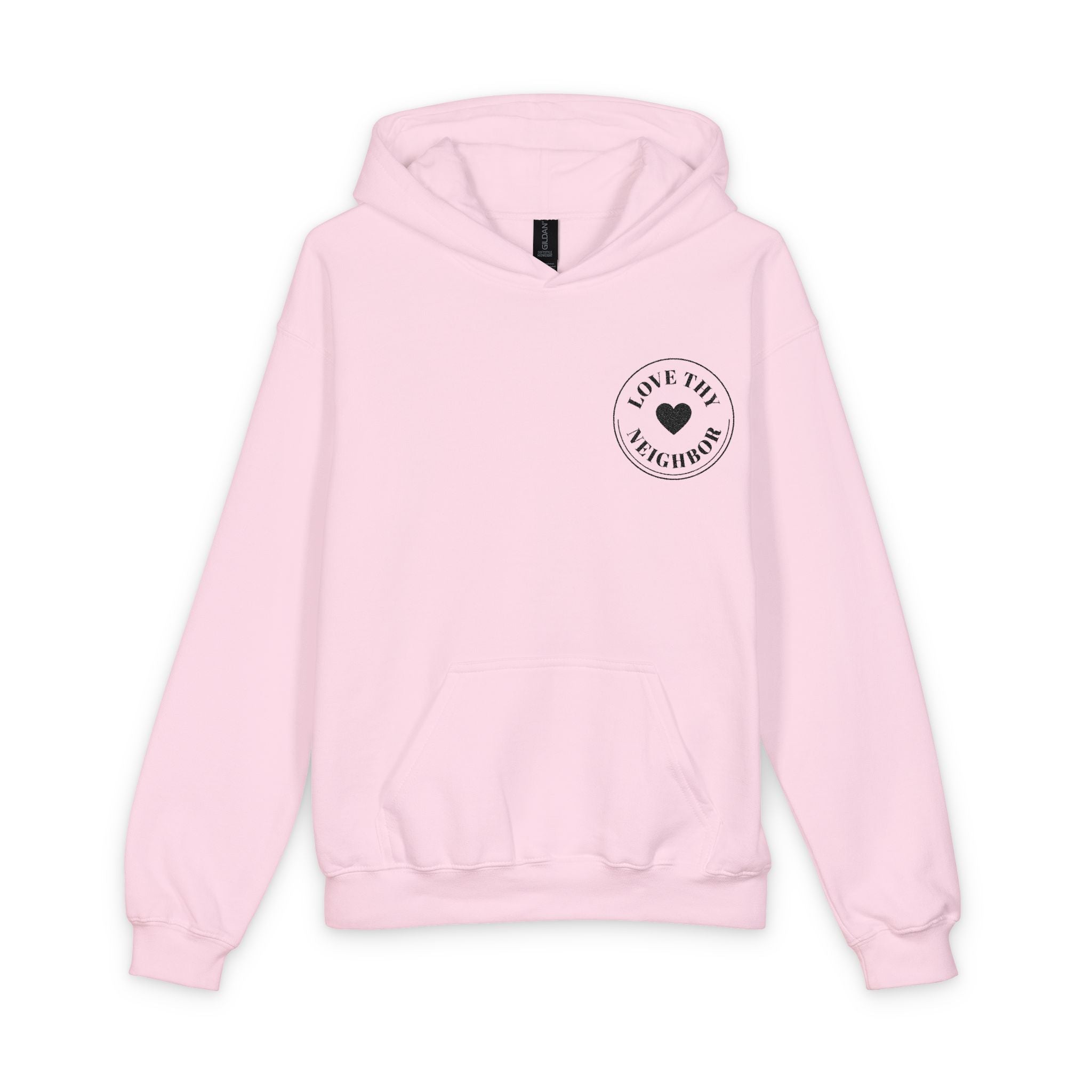 Youth hooded sweatshirt featuring a small heart chest logo with the words "Love Tiny Friendships," classic fit, front pouch pocket, and soft cotton blend.