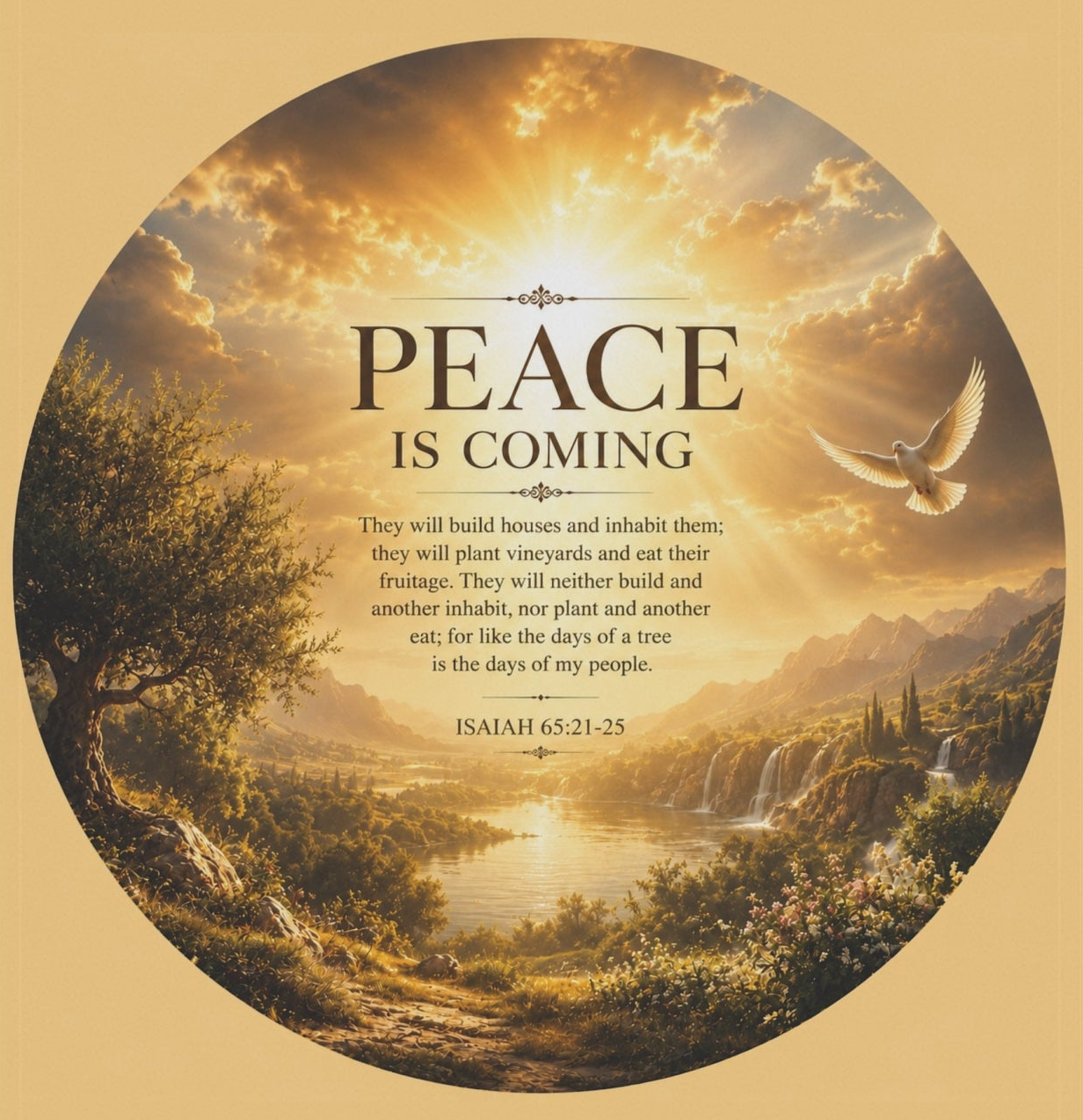Inspirational Christian garden flag featuring a peaceful valley landscape with glowing sunset light and the phrase “Peace Is Coming” in warm calming tones.