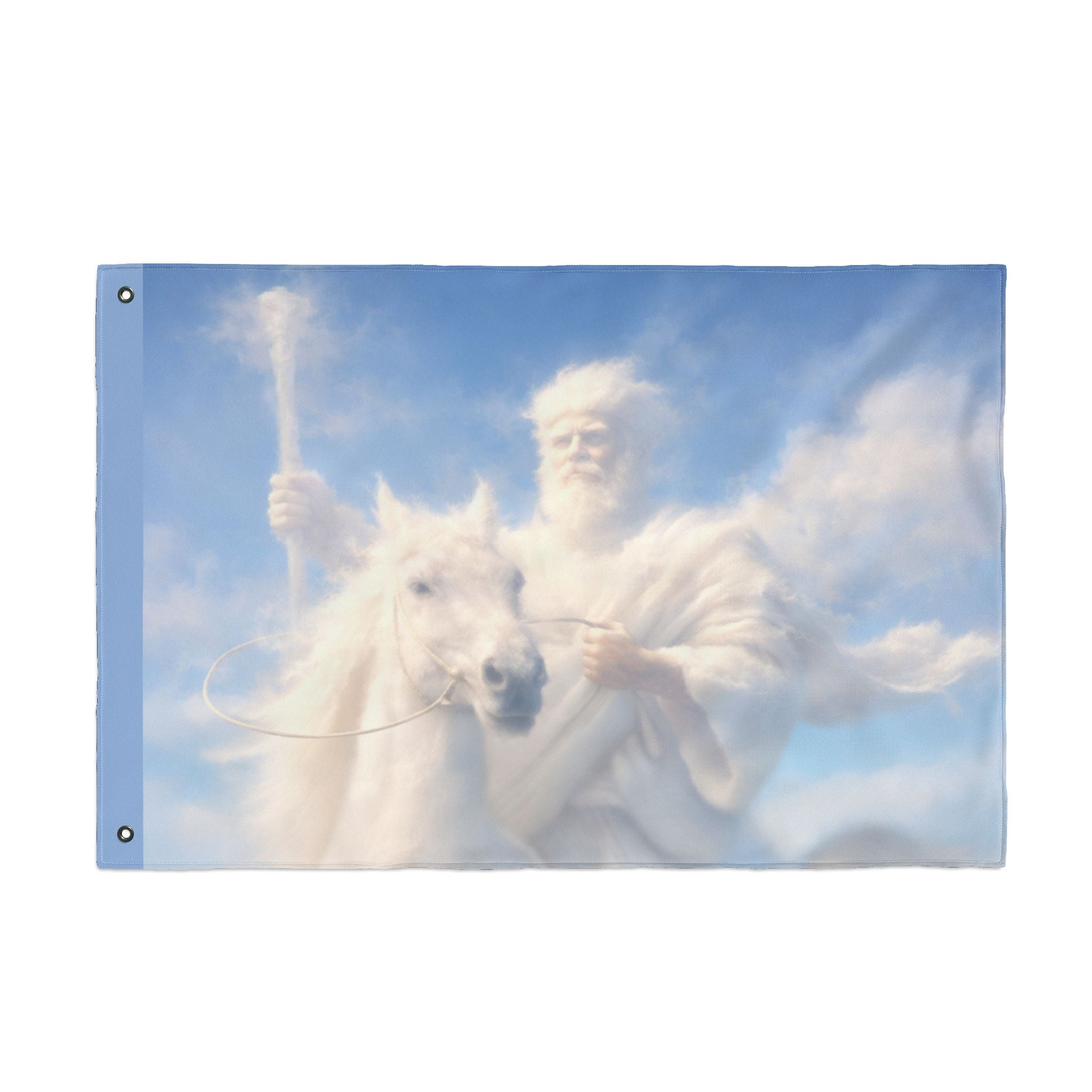 Double-sided Christian outdoor flag featuring Jesus riding on glowing clouds with vibrant heavenly artwork and inspirational faith-centered design.