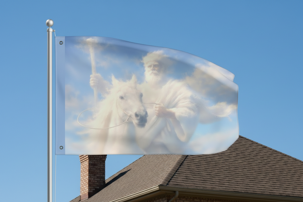 Double-sided Christian outdoor flag featuring Jesus riding on glowing clouds with vibrant heavenly artwork and inspirational faith-centered design.