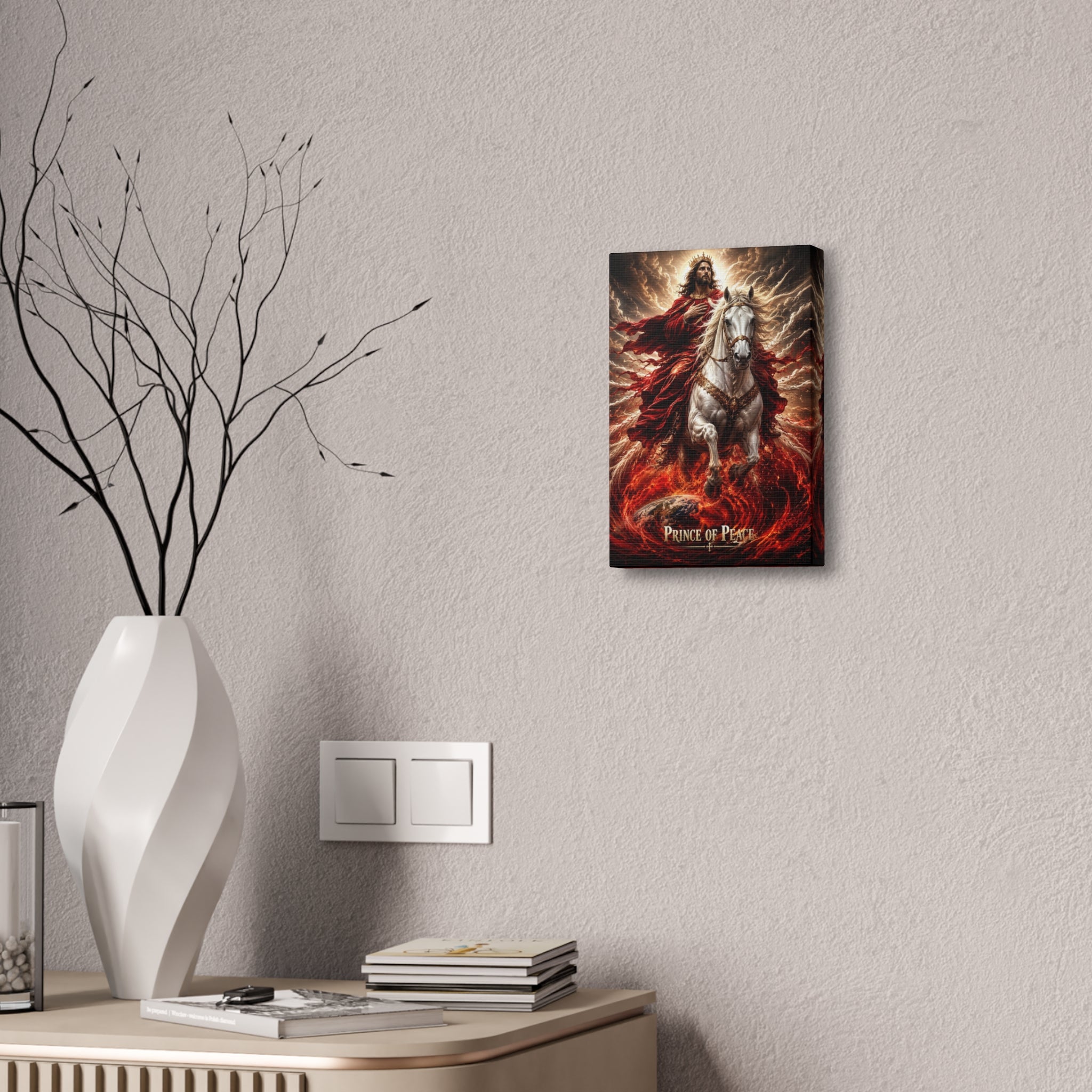 Christian canvas wall art featuring Jesus riding a white horse with peaceful radiant lighting and inspirational Prince of Peace imagery in gallery-style decor.