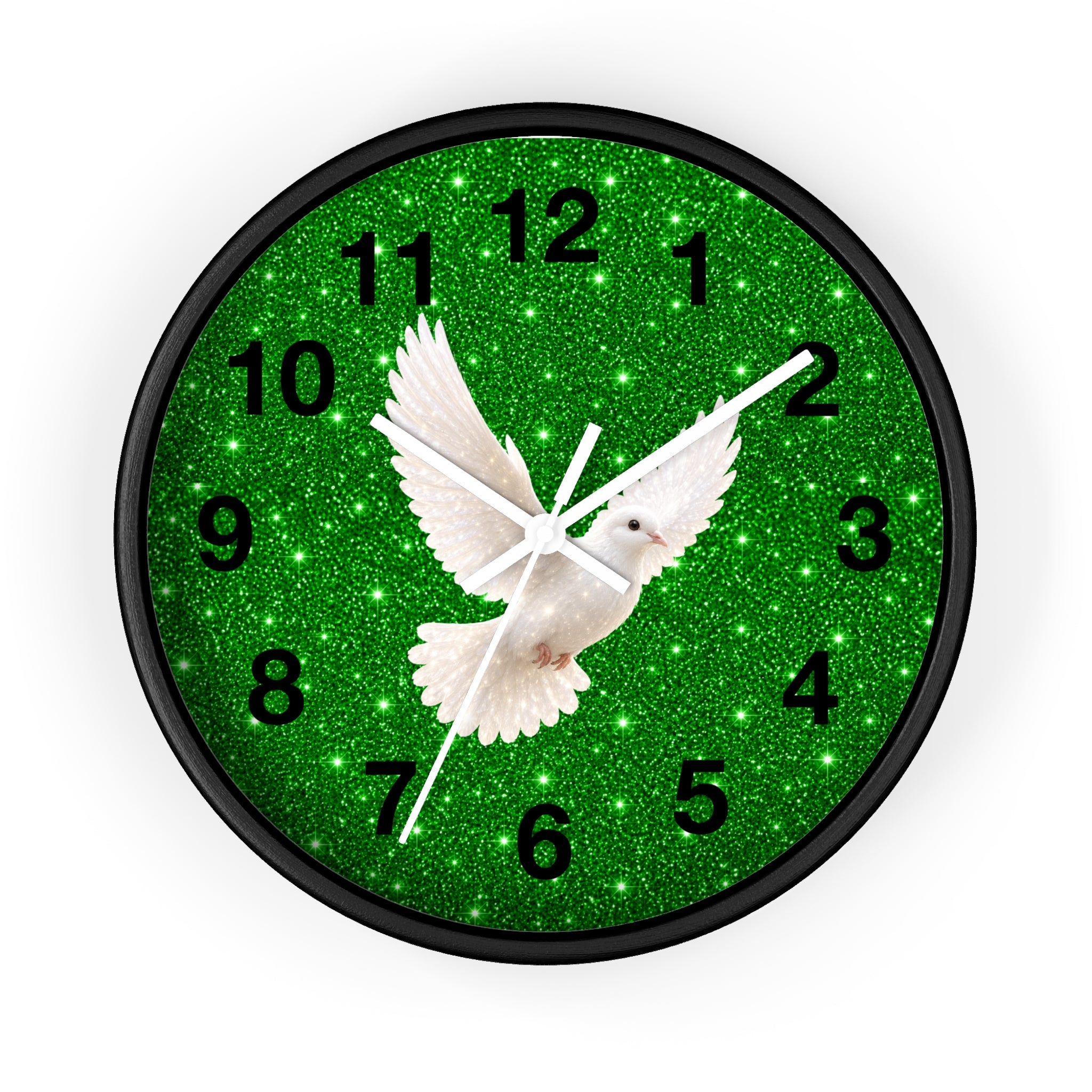 A round wall clock with a black frame and a green glitter face featuring a white dove in flight and black Arabic numerals, shown against a plain white background.